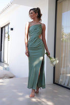 Lyra Soft Matte Satin Maxi Dress Olive | Wedding Guest Dress | Maxi | Satin | Oh Hello Clothing