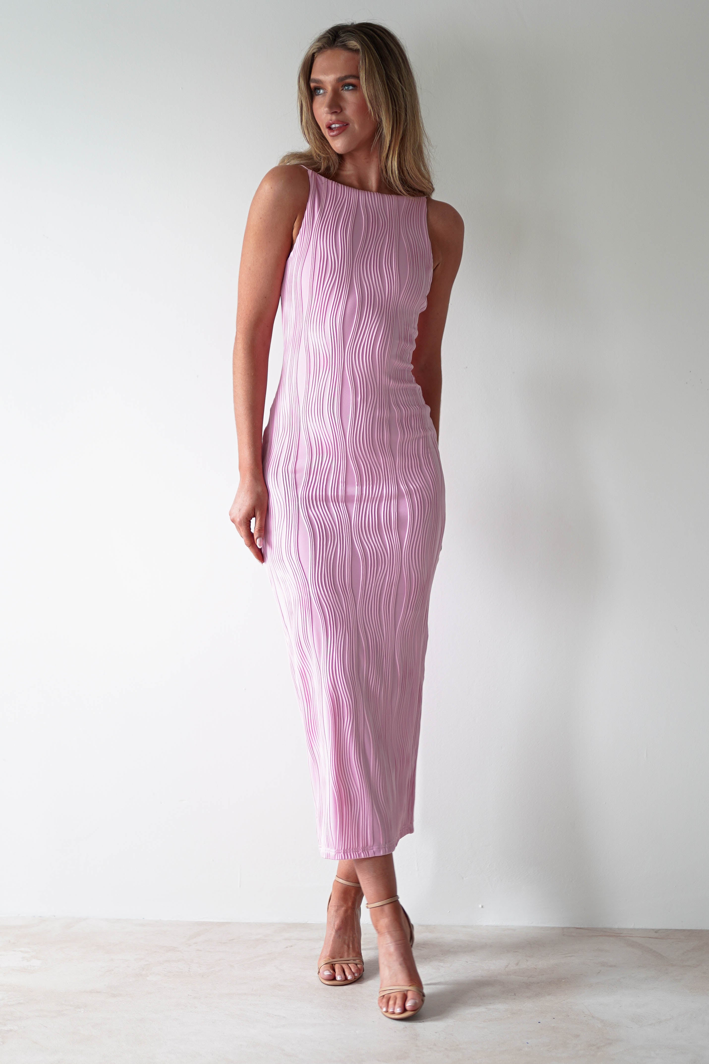 Brighton Textured Bodycon Midaxi Dress Pink | Wedding Guest Dress | Bodycon | Oh Hello Clothing