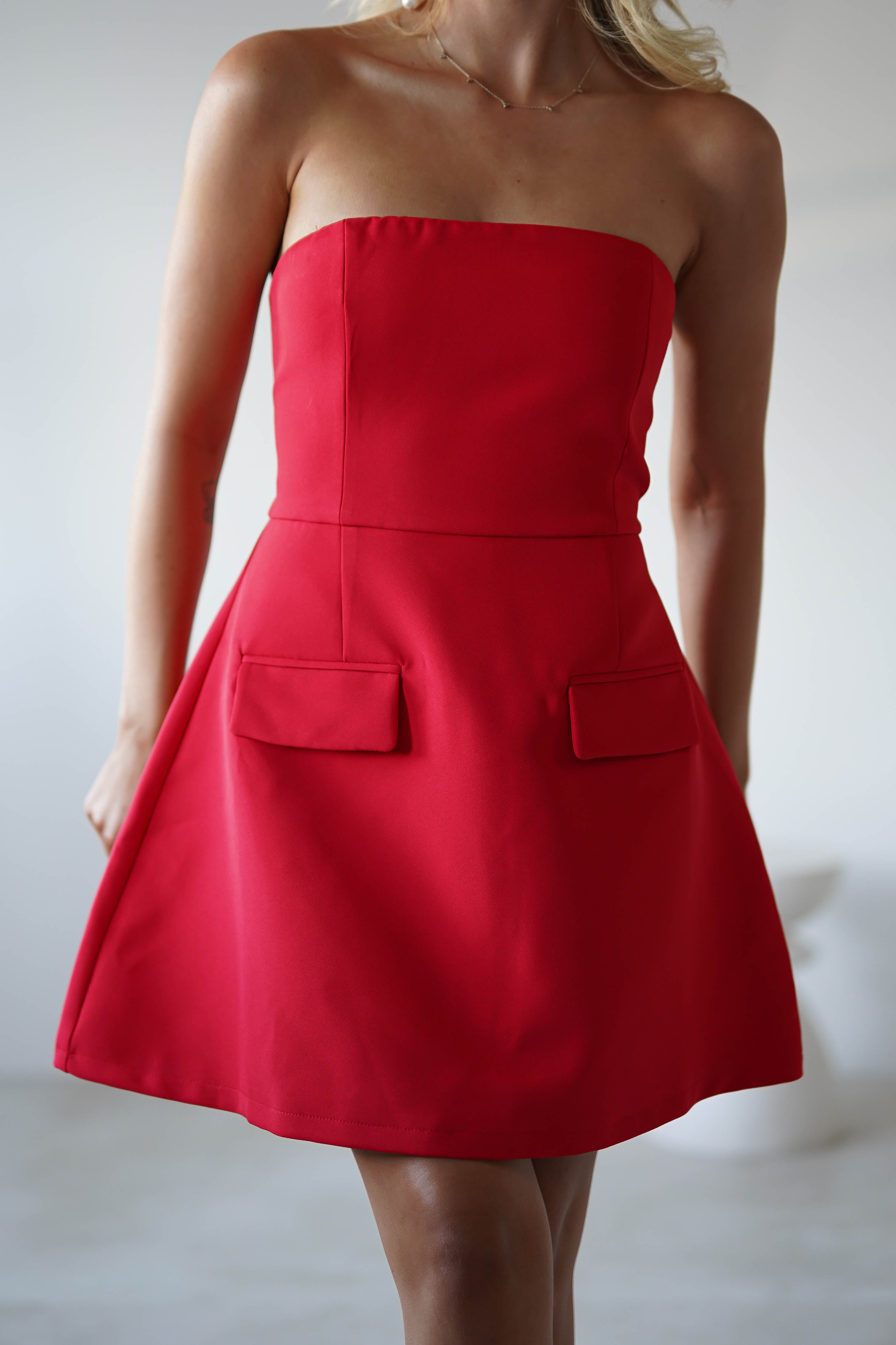 Karla Structured Strapless Mini Dress Red | Wedding Guest Dress | Oh Hello Clothing