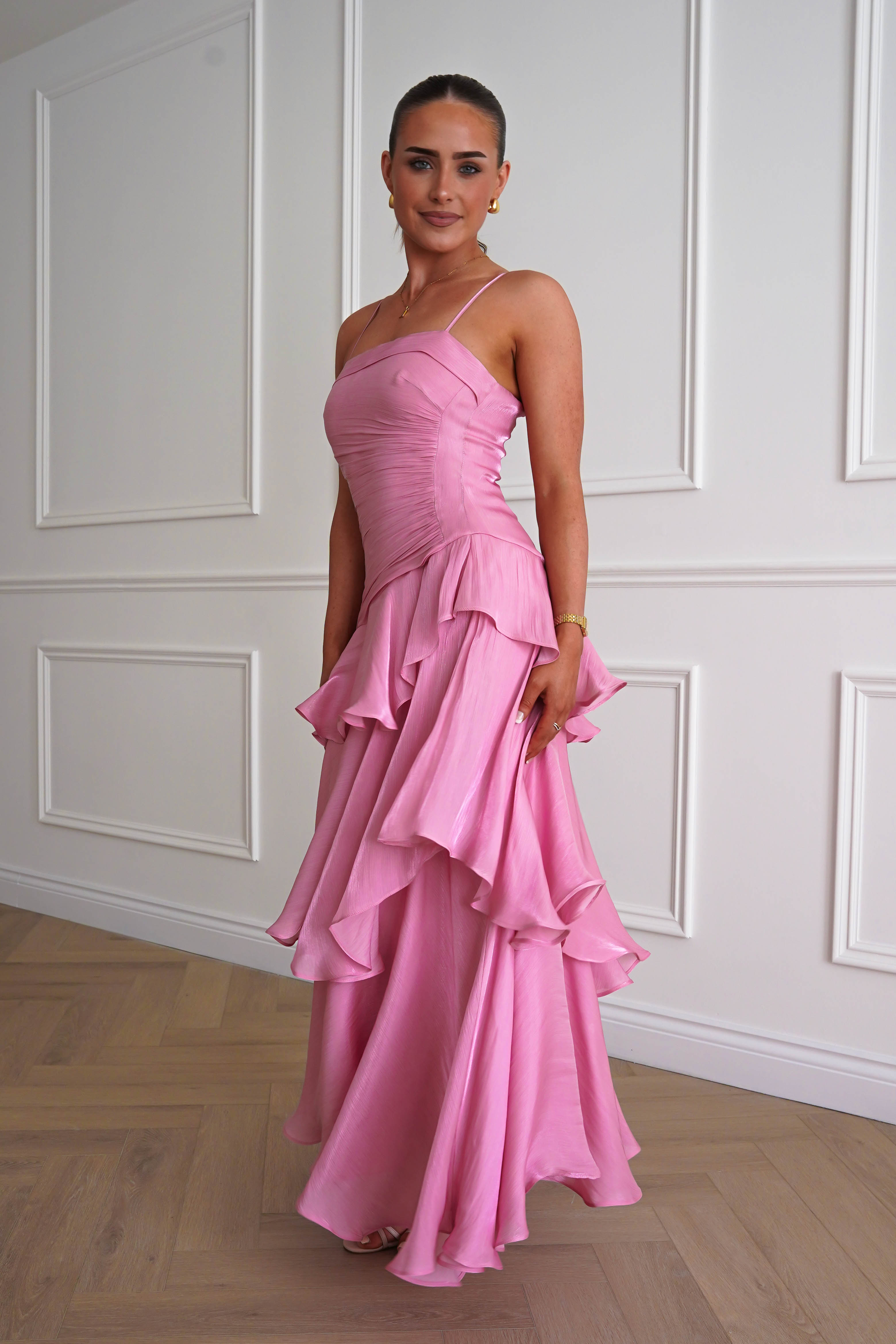 Oh Hello Clothing Women > Clothing > Dresses *DONE - Renee Luminescent Ruffle Maxi Dress | Pink