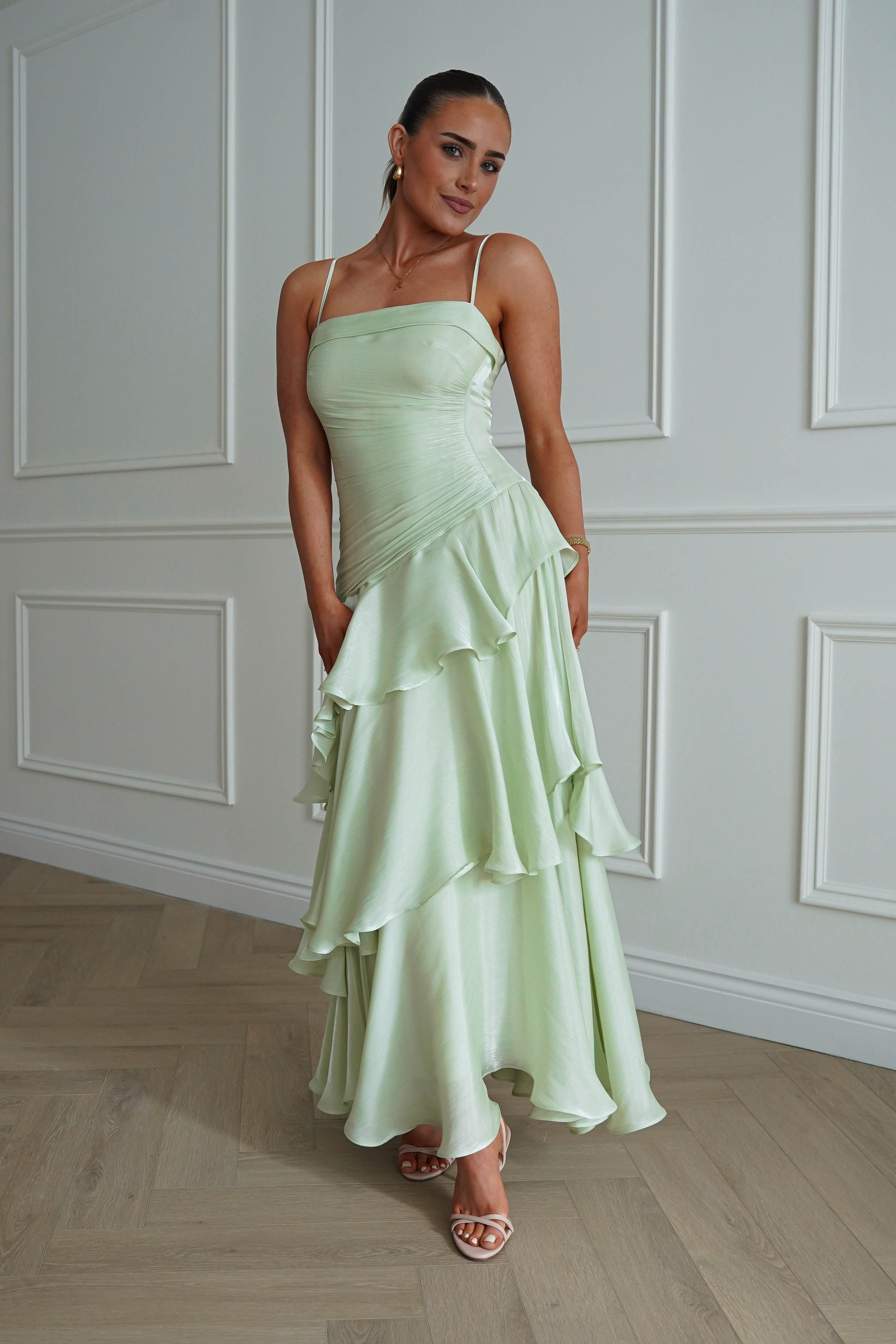 Oh Hello Clothing Women > Clothing > Dresses *DONE - Renee Luminescent Ruffle Maxi Dress | Pistachio