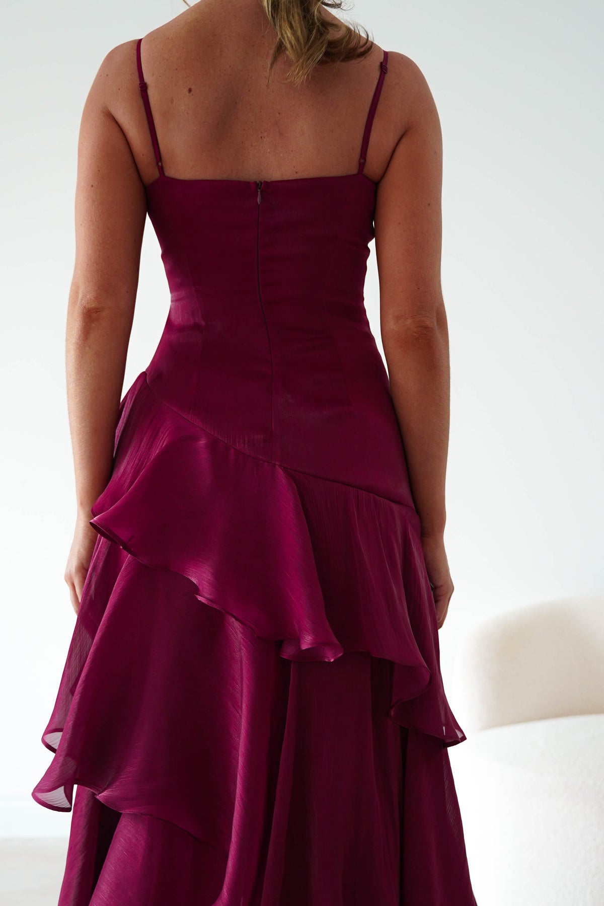 Oh Hello Clothing Women > Clothing > Dresses * DONE Renee Luminescent Ruffle Maxi Dress | Wine