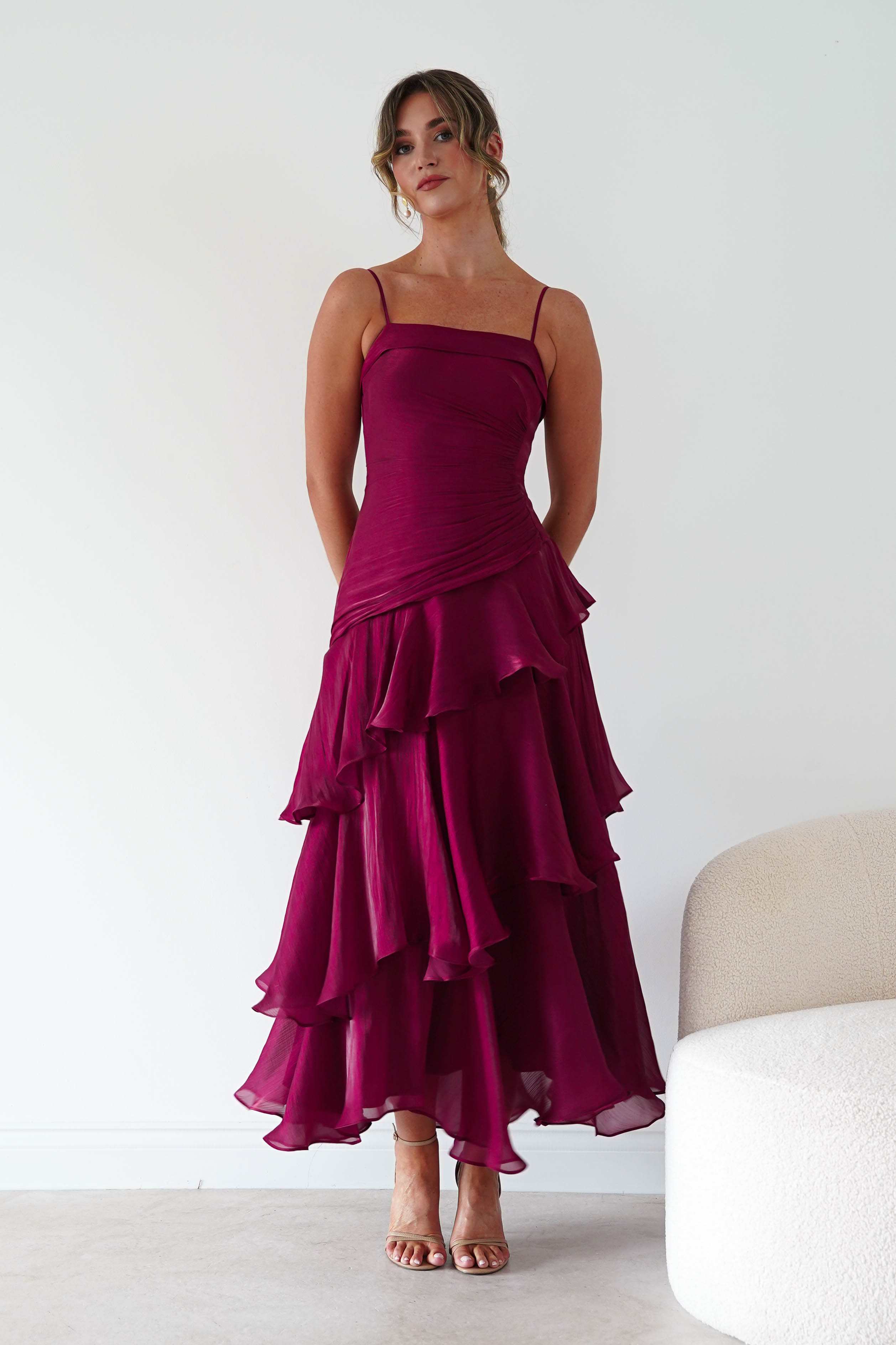 Oh Hello Clothing Women > Clothing > Dresses * DONE Renee Luminescent Ruffle Maxi Dress | Wine