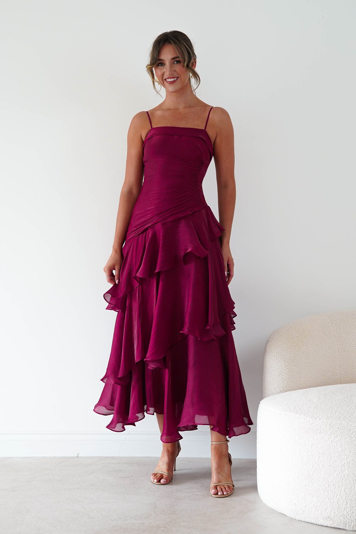 Oh Hello Clothing Women > Clothing > Dresses * DONE Renee Luminescent Ruffle Maxi Dress | Wine