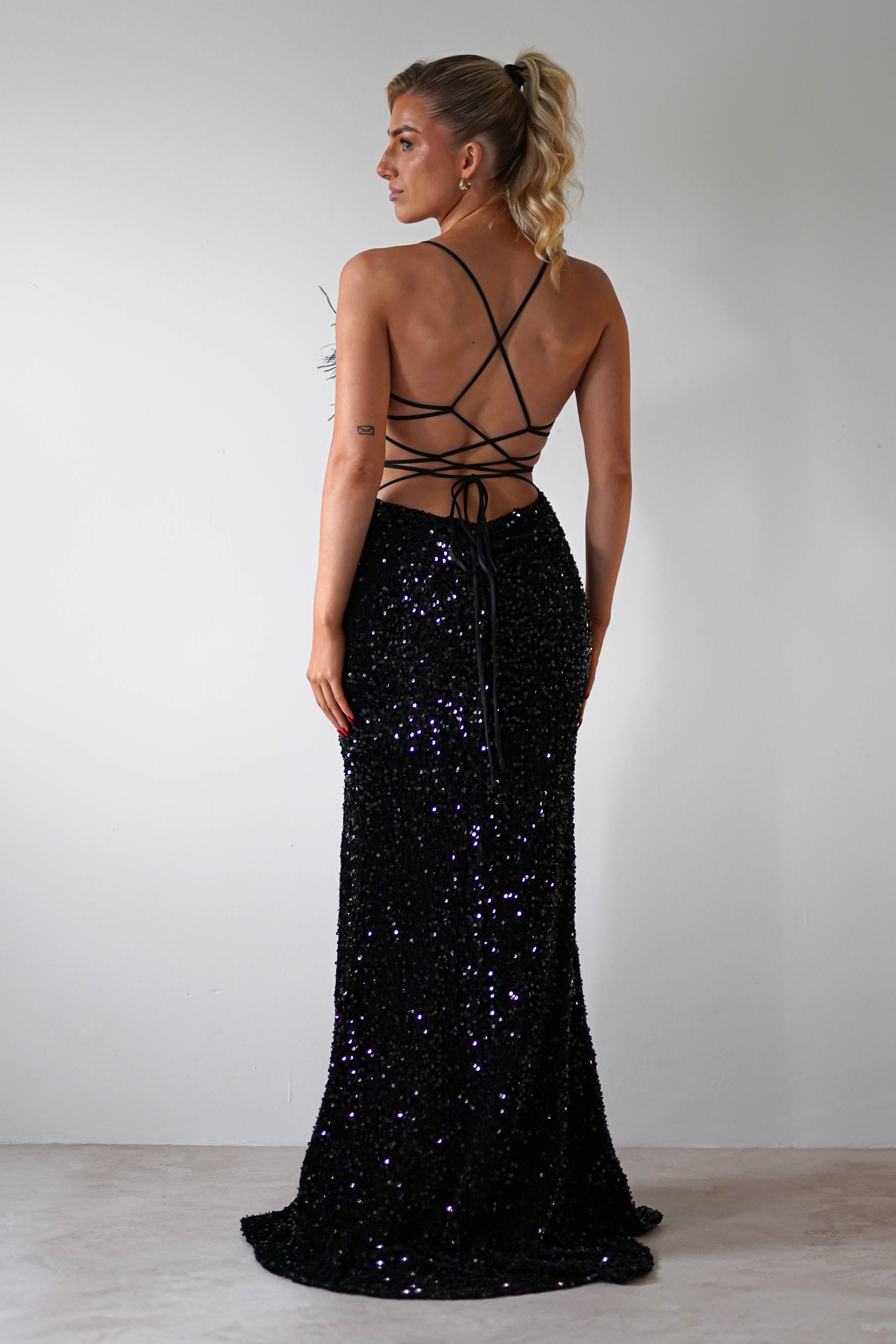 Mira Sequin Feather Maxi Gown | Black | Debs & Prom | Formal Gown | Oh Hello Clothing