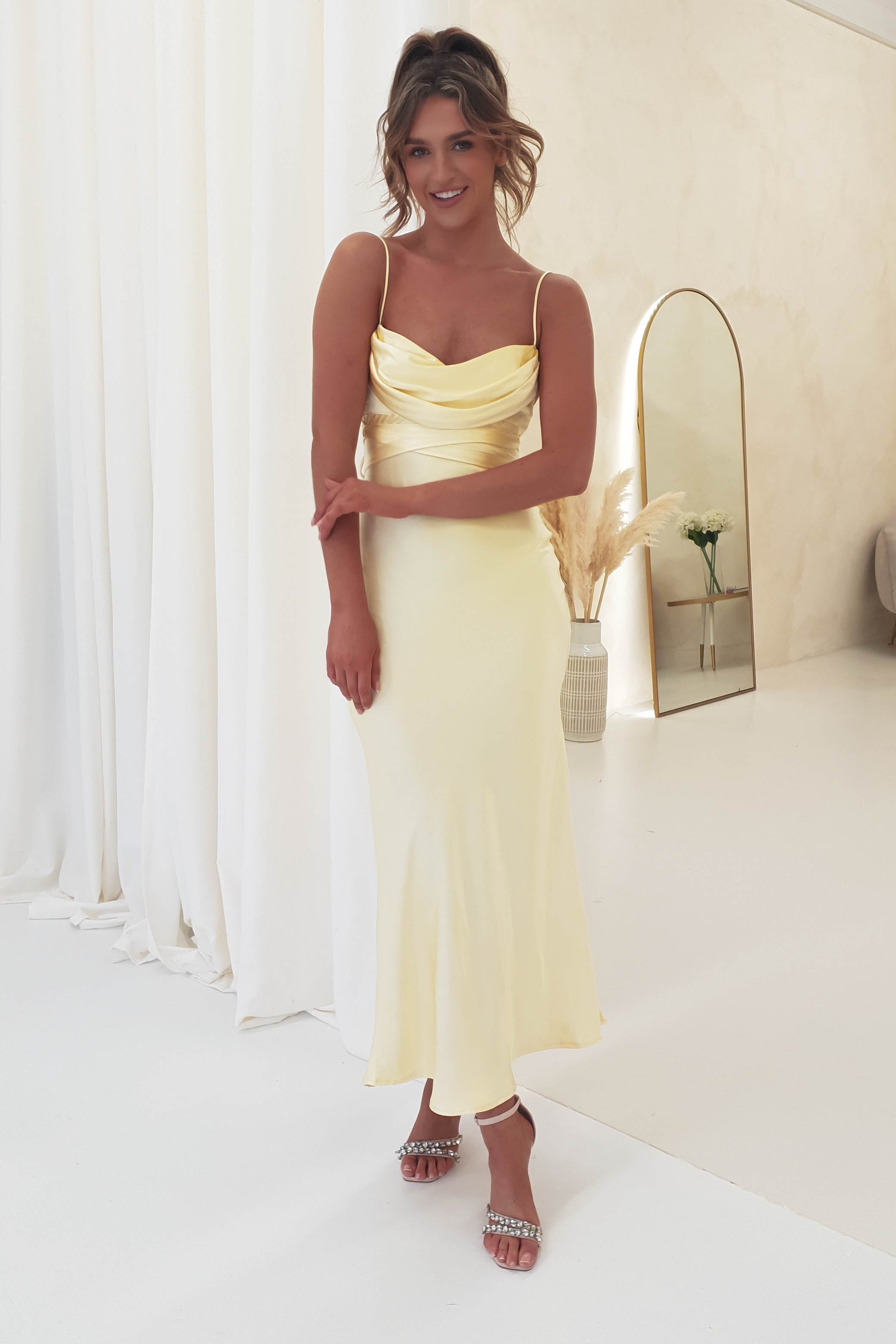 Everleigh Soft Satin Midi Dress | Butter Yellow | Wedding Guest Dress | Oh Hello Clothing