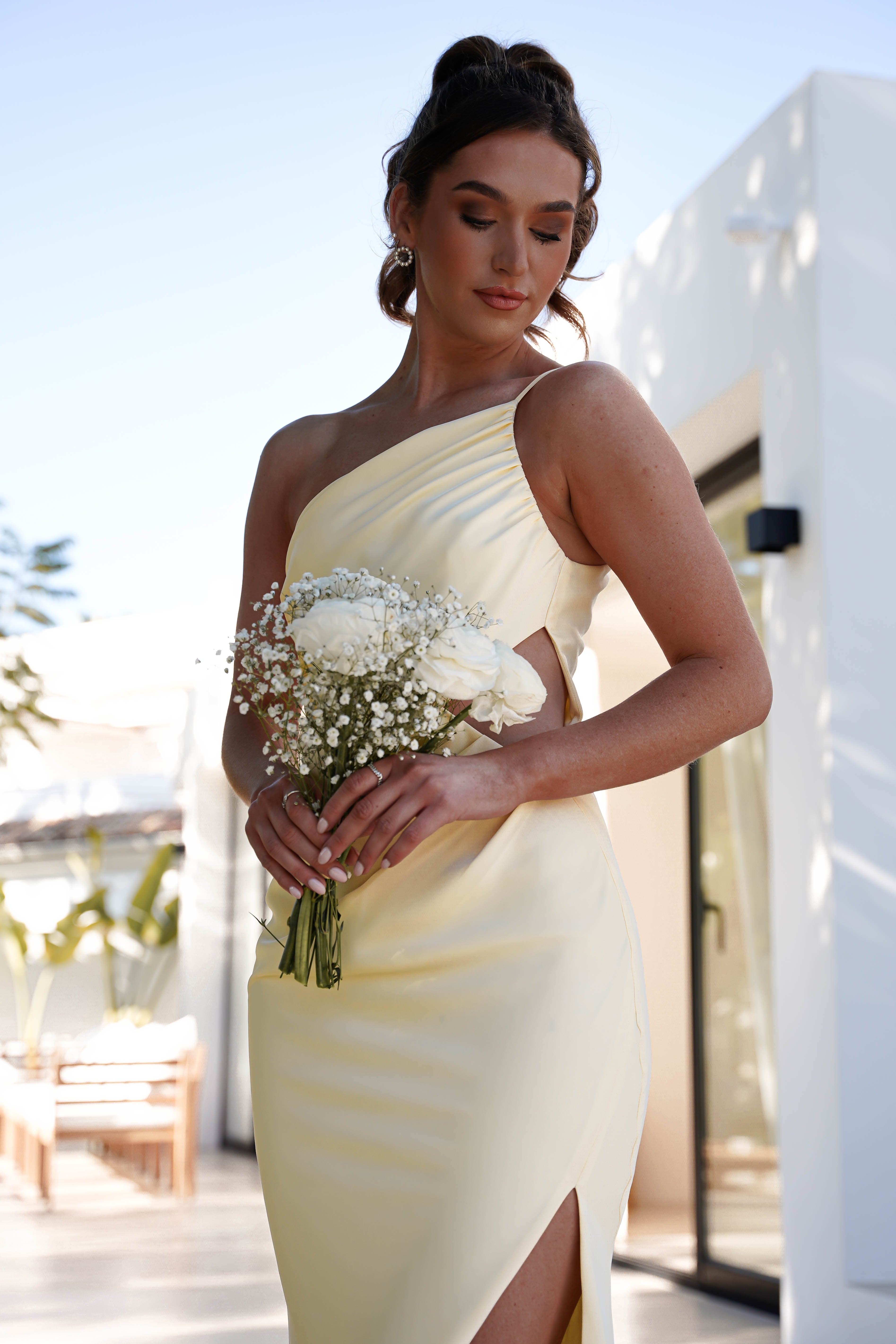 Lyra Soft Matte Satin Maxi Dress Yellow | Wedding Guest Dress | Maxi | Satin | Oh Hello Clothing