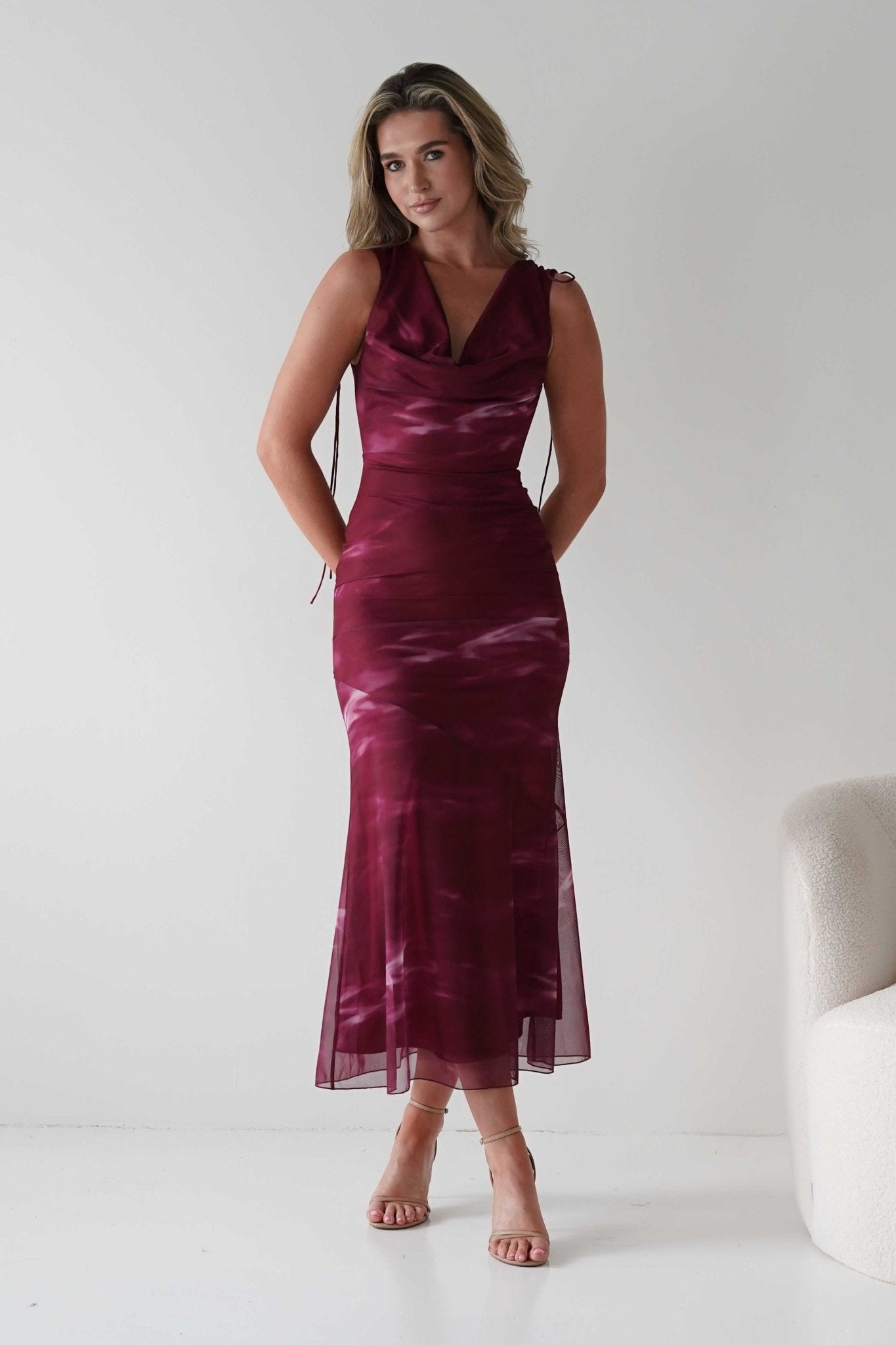 Drew Mesh Printed Maxi Dress Wine Print | Wedding Guest Dress | Maxi | Mesh | Oh Hello Clothing