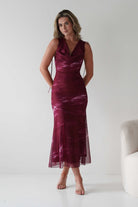 Drew Mesh Printed Maxi Dress Wine Print | Wedding Guest Dress | Maxi | Mesh | Oh Hello Clothing
