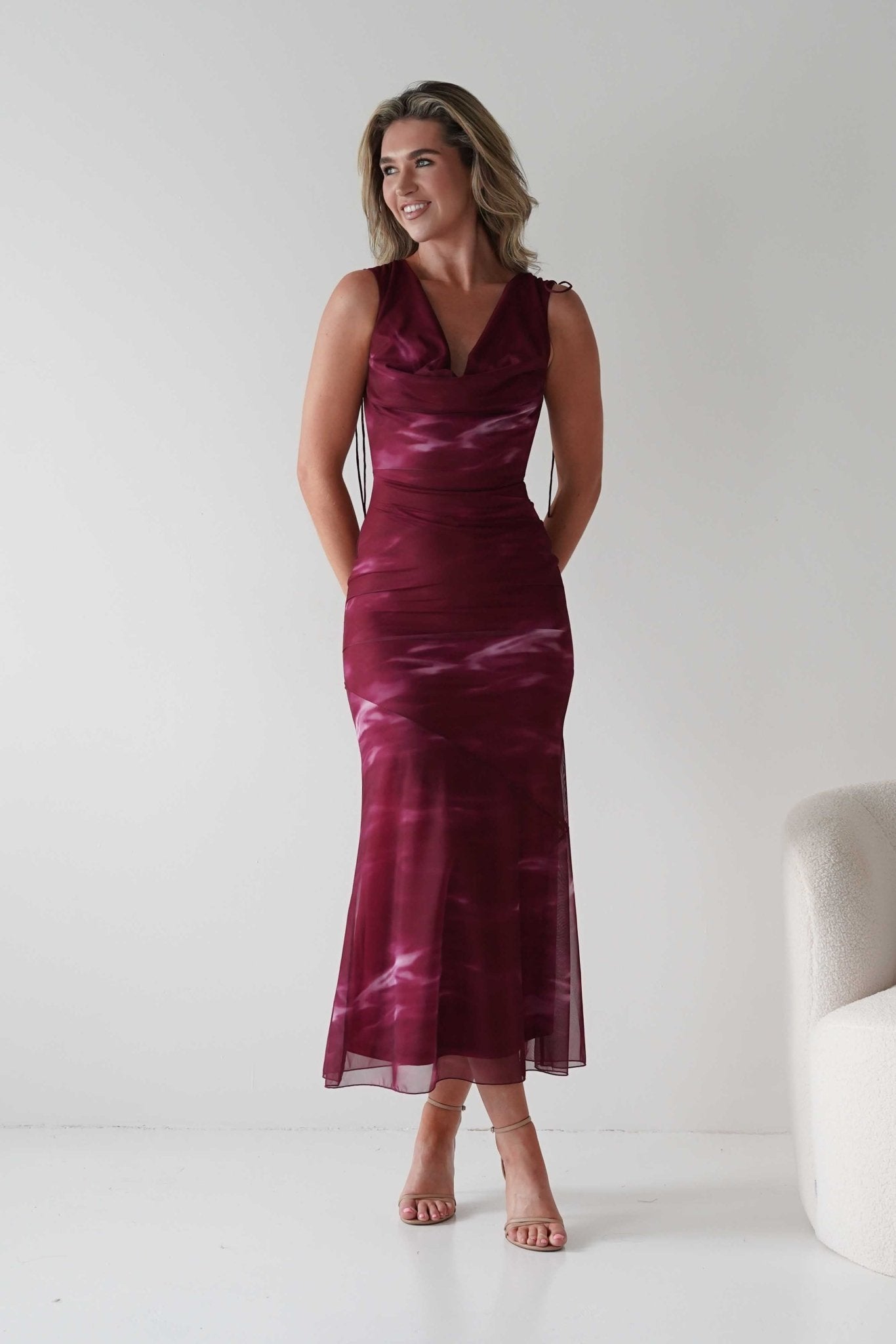 Drew Mesh Printed Maxi Dress Wine Print | Wedding Guest Dress | Maxi | Mesh | Oh Hello Clothing