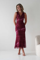 Drew Mesh Printed Maxi Dress Wine Print | Wedding Guest Dress | Maxi | Mesh | Oh Hello Clothing