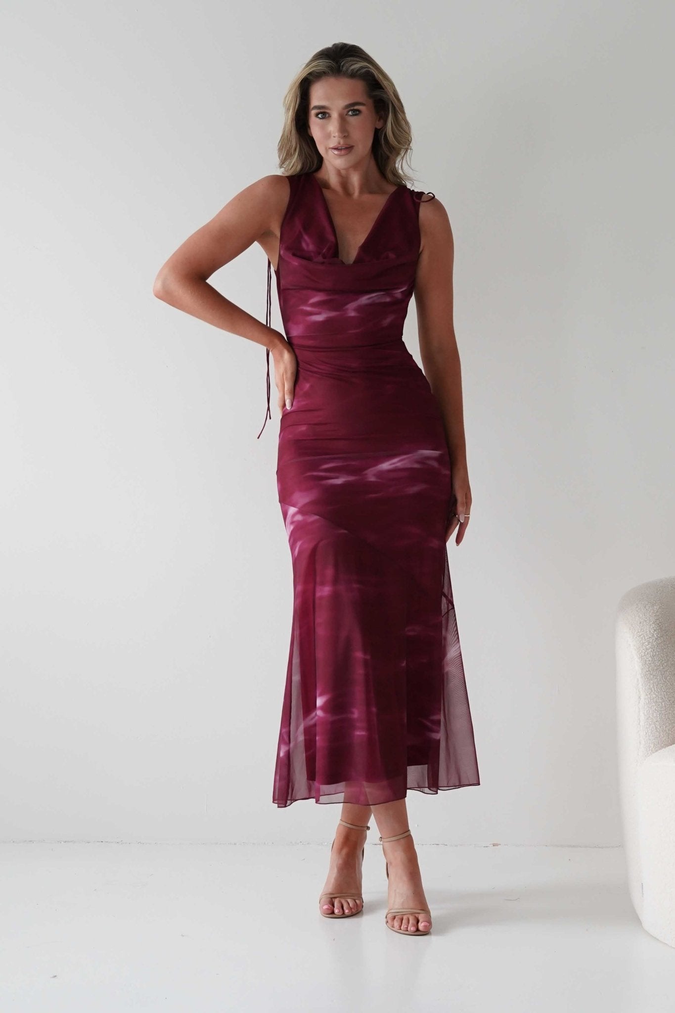 Drew Mesh Printed Maxi Dress Wine Print | Wedding Guest Dress | Maxi | Mesh | Oh Hello Clothing