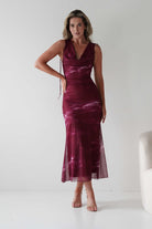 Drew Mesh Printed Maxi Dress Wine Print | Wedding Guest Dress | Maxi | Mesh | Oh Hello Clothing