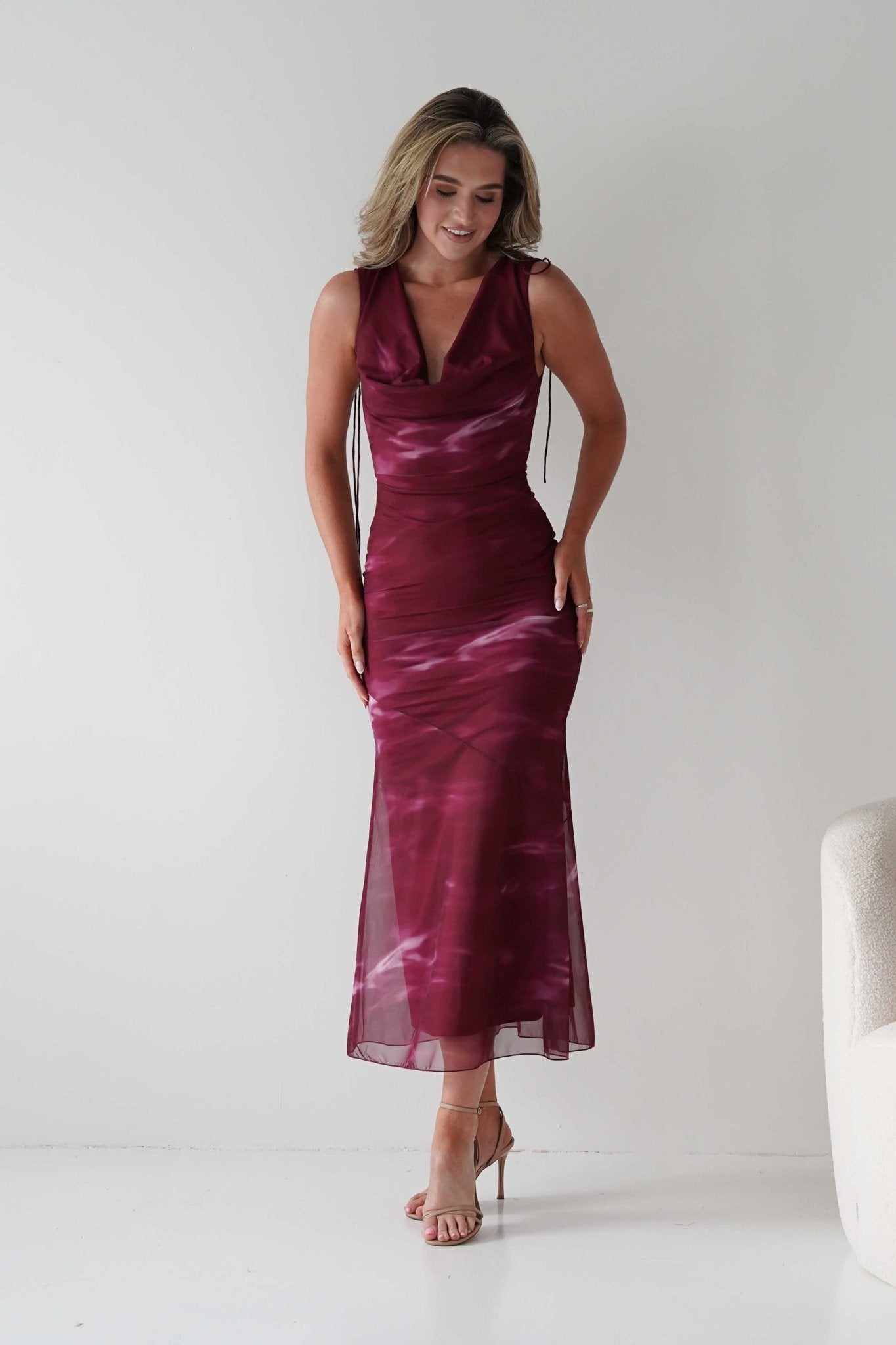 Drew Mesh Printed Maxi Dress Wine Print | Wedding Guest Dress | Maxi | Mesh | Oh Hello Clothing