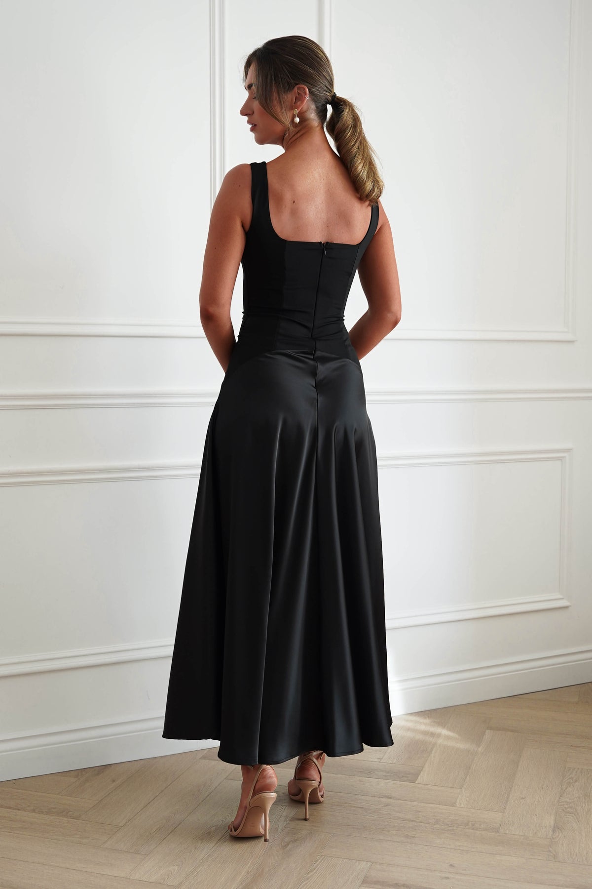 Oh Hello Clothing Dresses > Prom Dresses Elena Square Neck Soft Satin Maxi Dress | Black