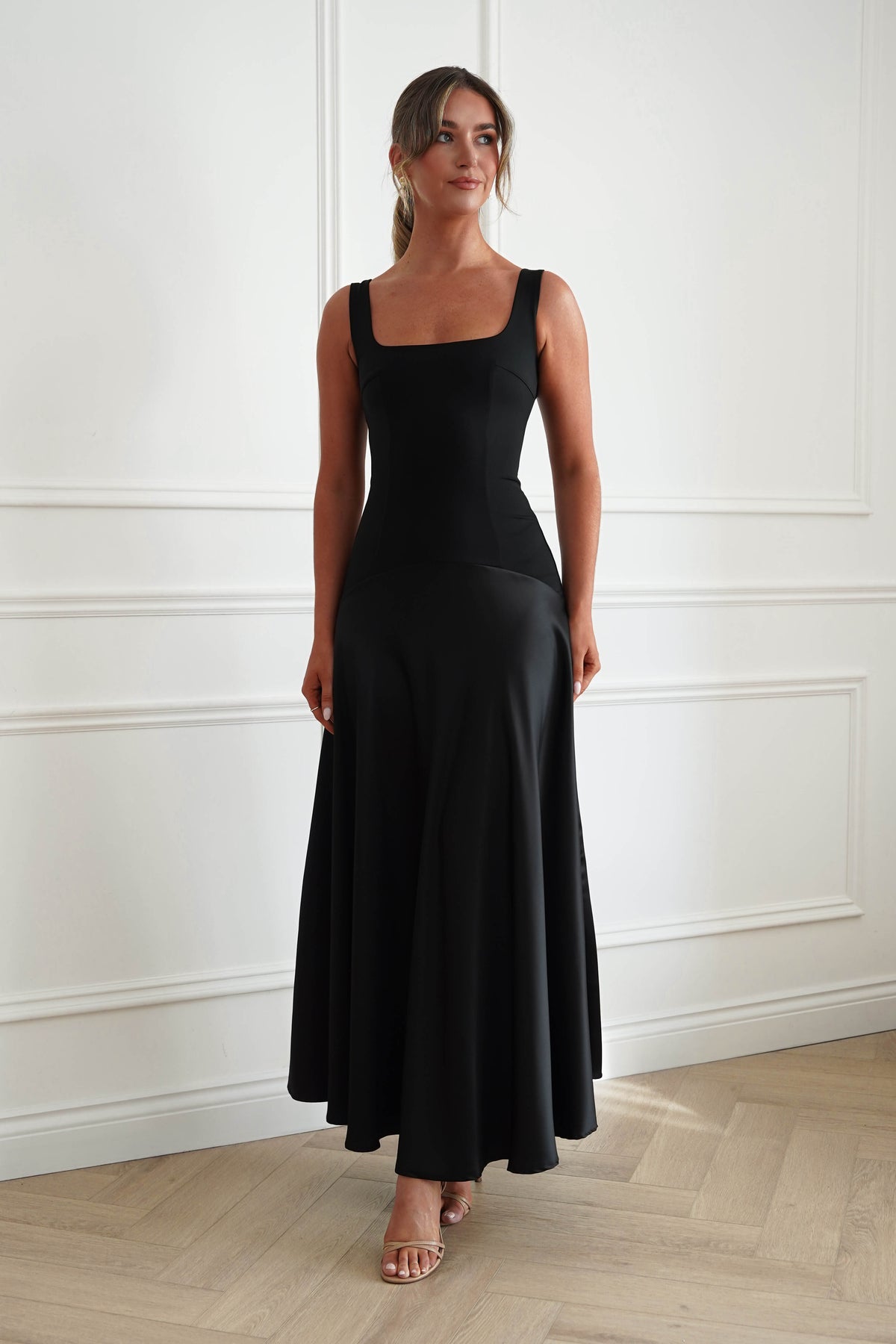 Oh Hello Clothing Dresses > Prom Dresses Elena Square Neck Soft Satin Maxi Dress | Black