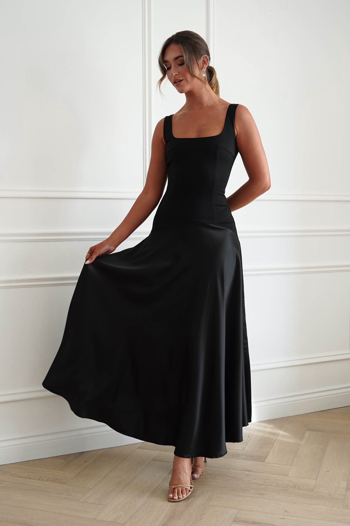 Oh Hello Clothing Dresses > Prom Dresses Elena Square Neck Soft Satin Maxi Dress | Black