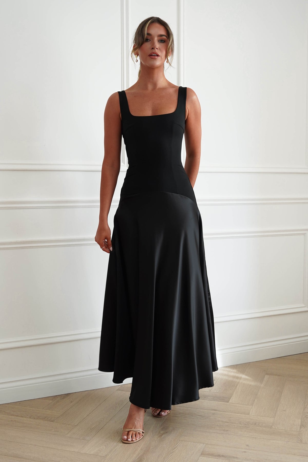 Oh Hello Clothing Dresses > Prom Dresses Elena Square Neck Soft Satin Maxi Dress | Black