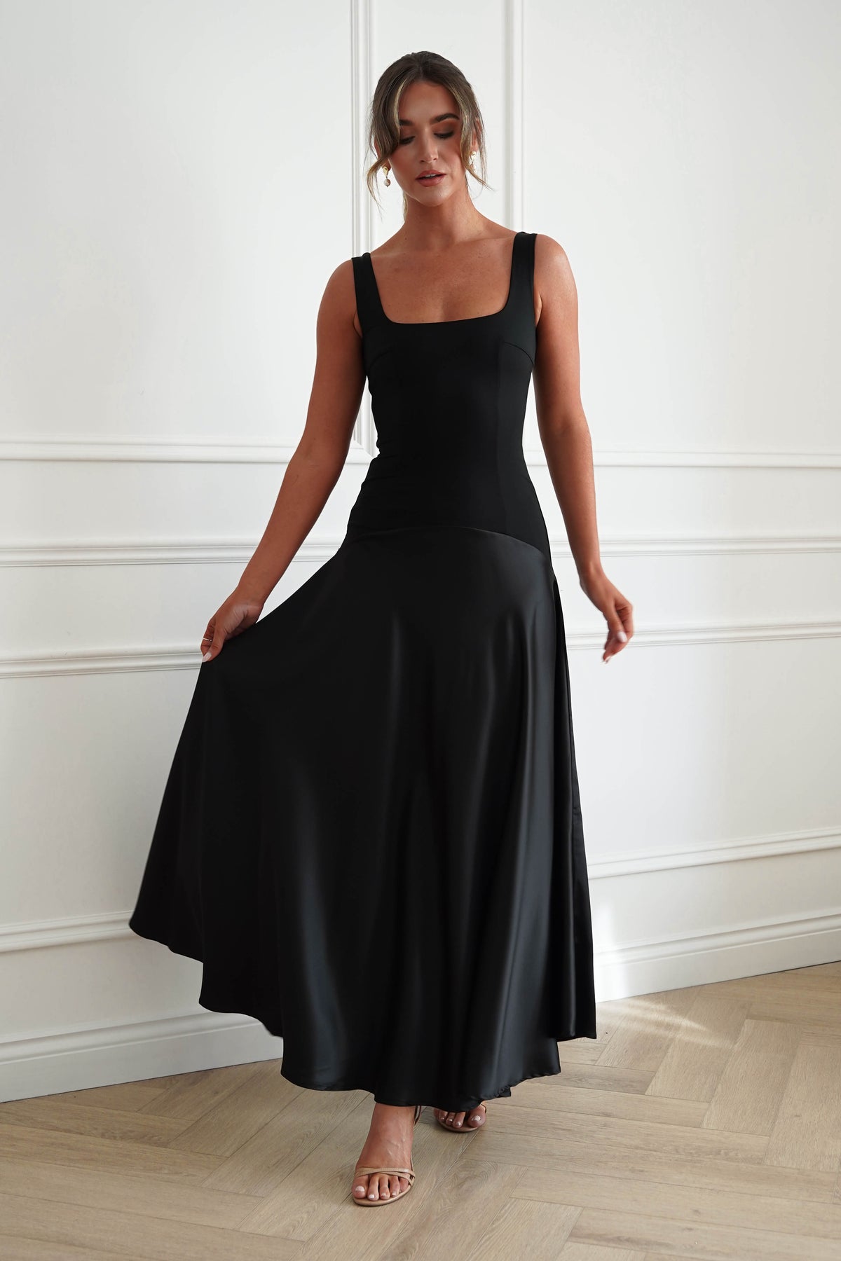 Oh Hello Clothing Dresses > Prom Dresses Elena Square Neck Soft Satin Maxi Dress | Black
