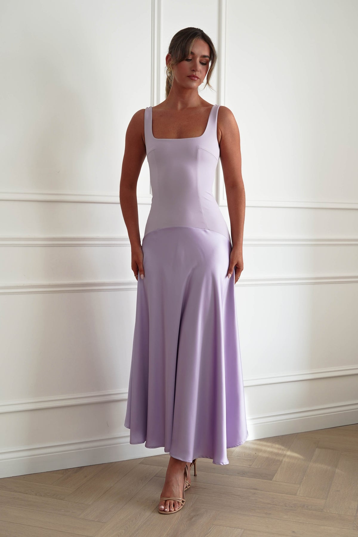 Oh Hello Clothing Dresses > Prom Dresses Elena Square Neck Soft Satin Maxi Dress | Lilac