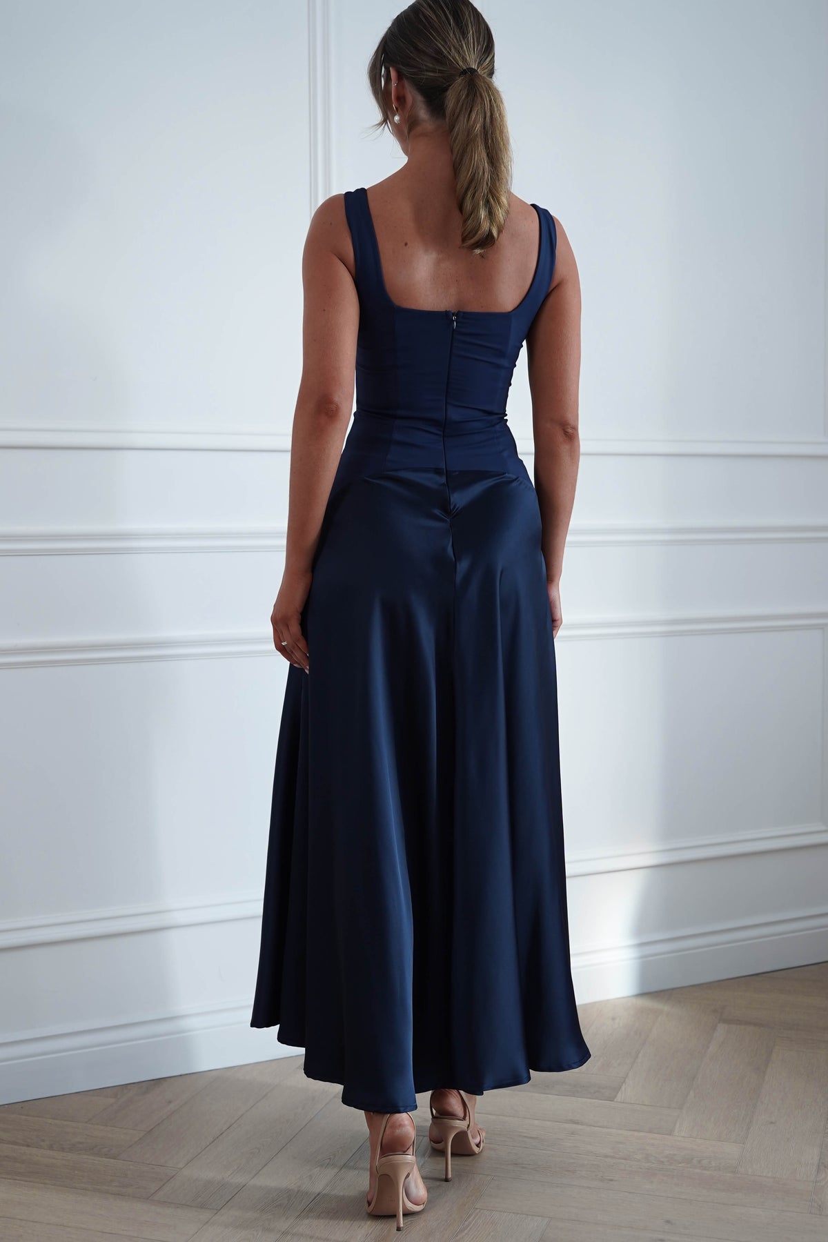 Oh Hello Clothing Dresses > Prom Dresses Elena Square Neck Soft Satin Maxi Dress | Navy