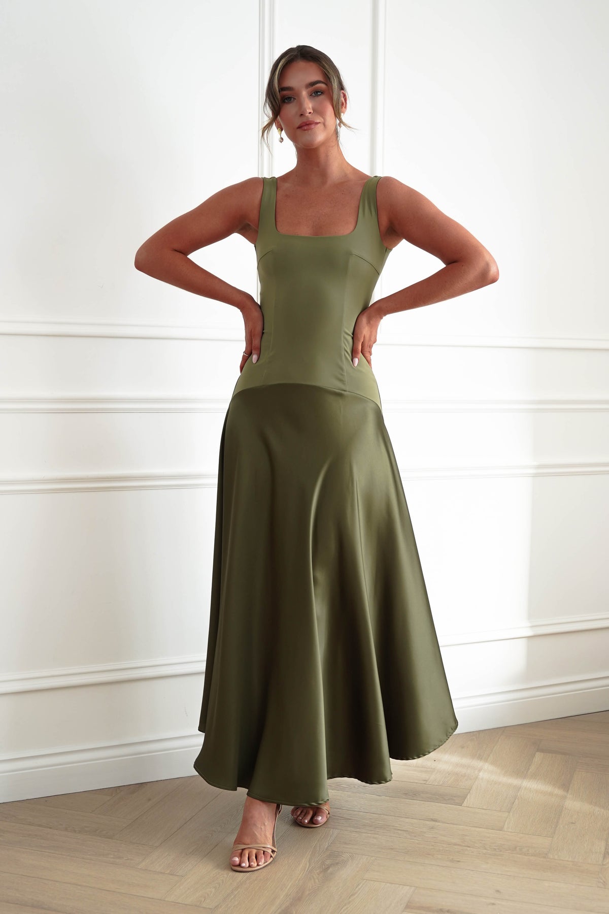 Oh Hello Clothing Dresses > Prom Dresses Elena Square Neck Soft Satin Maxi Dress | Olive