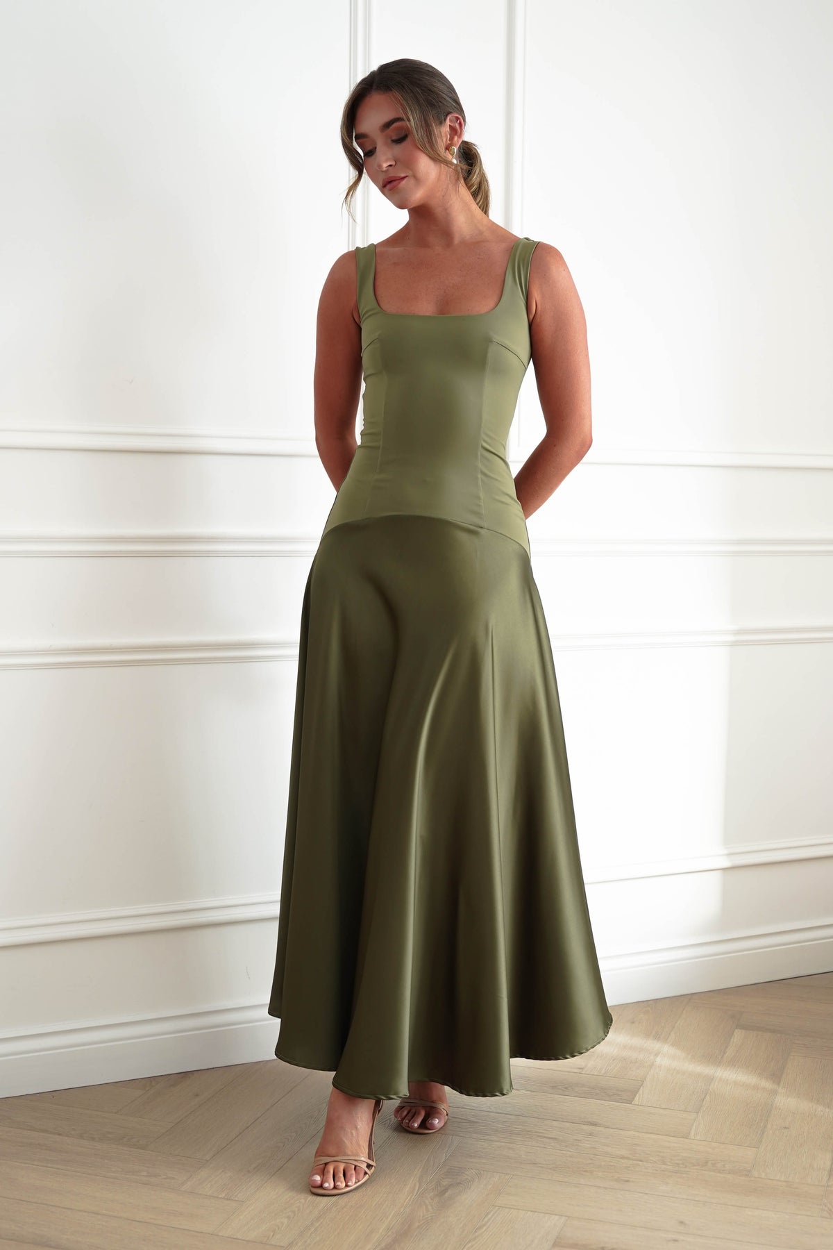 Oh Hello Clothing Dresses > Prom Dresses Elena Square Neck Soft Satin Maxi Dress | Olive