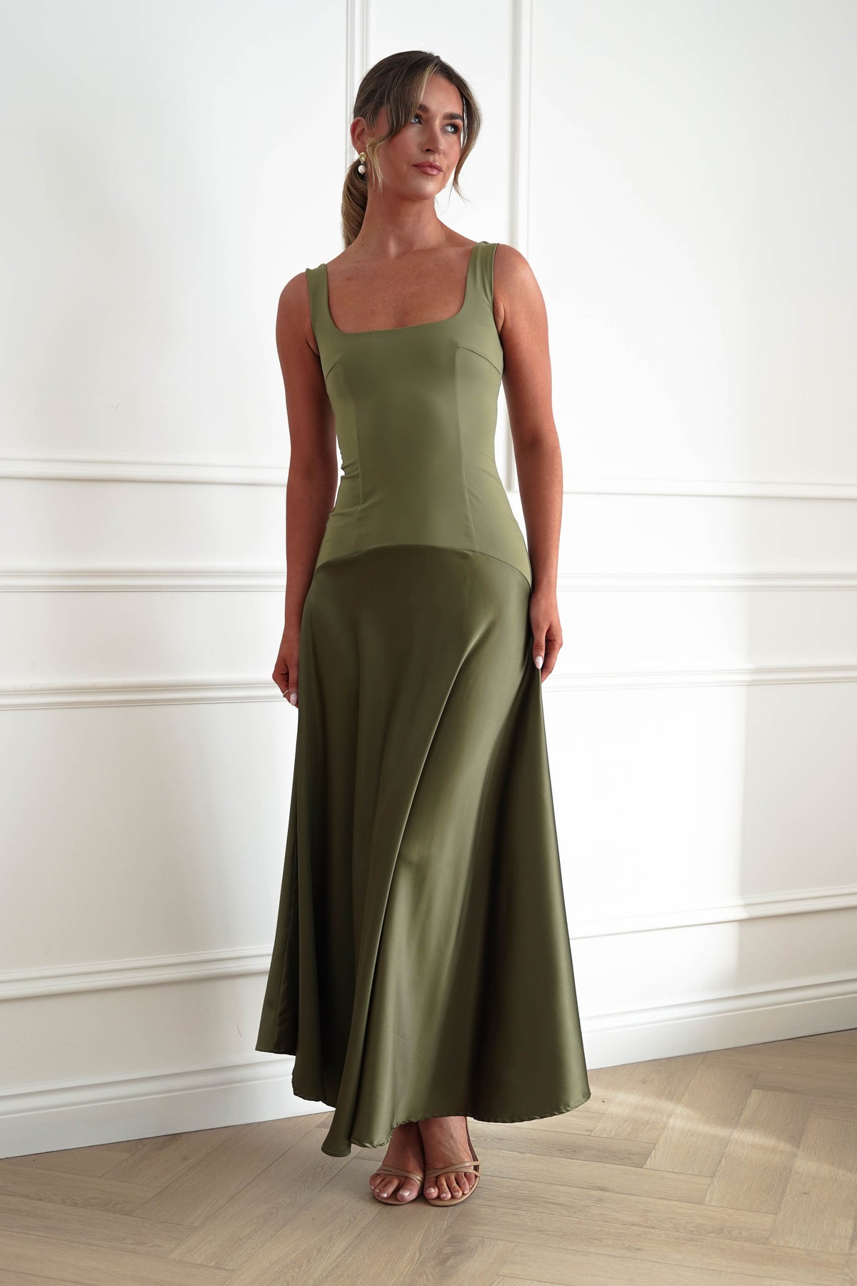 Oh Hello Clothing Dresses > Prom Dresses Elena Square Neck Soft Satin Maxi Dress | Olive