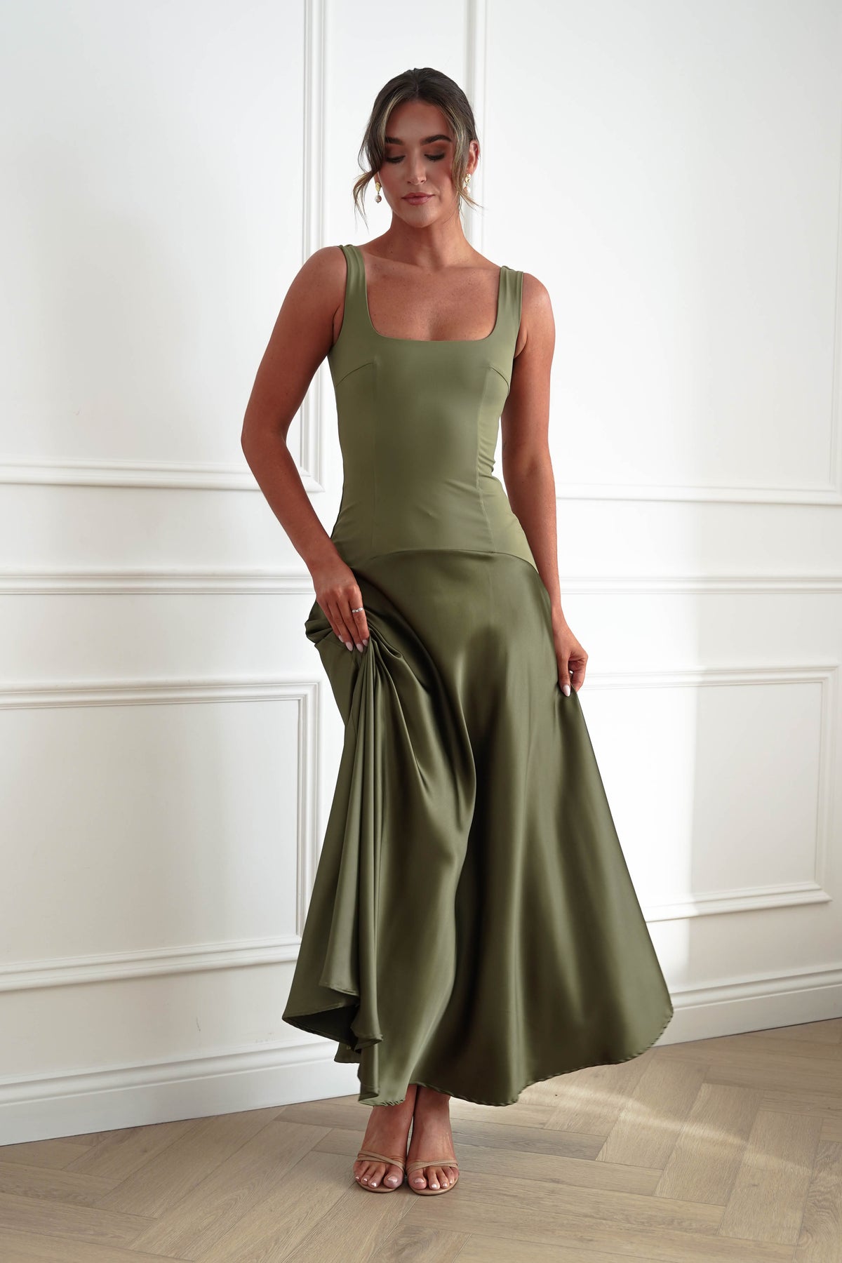 Oh Hello Clothing Dresses > Prom Dresses Elena Square Neck Soft Satin Maxi Dress | Olive