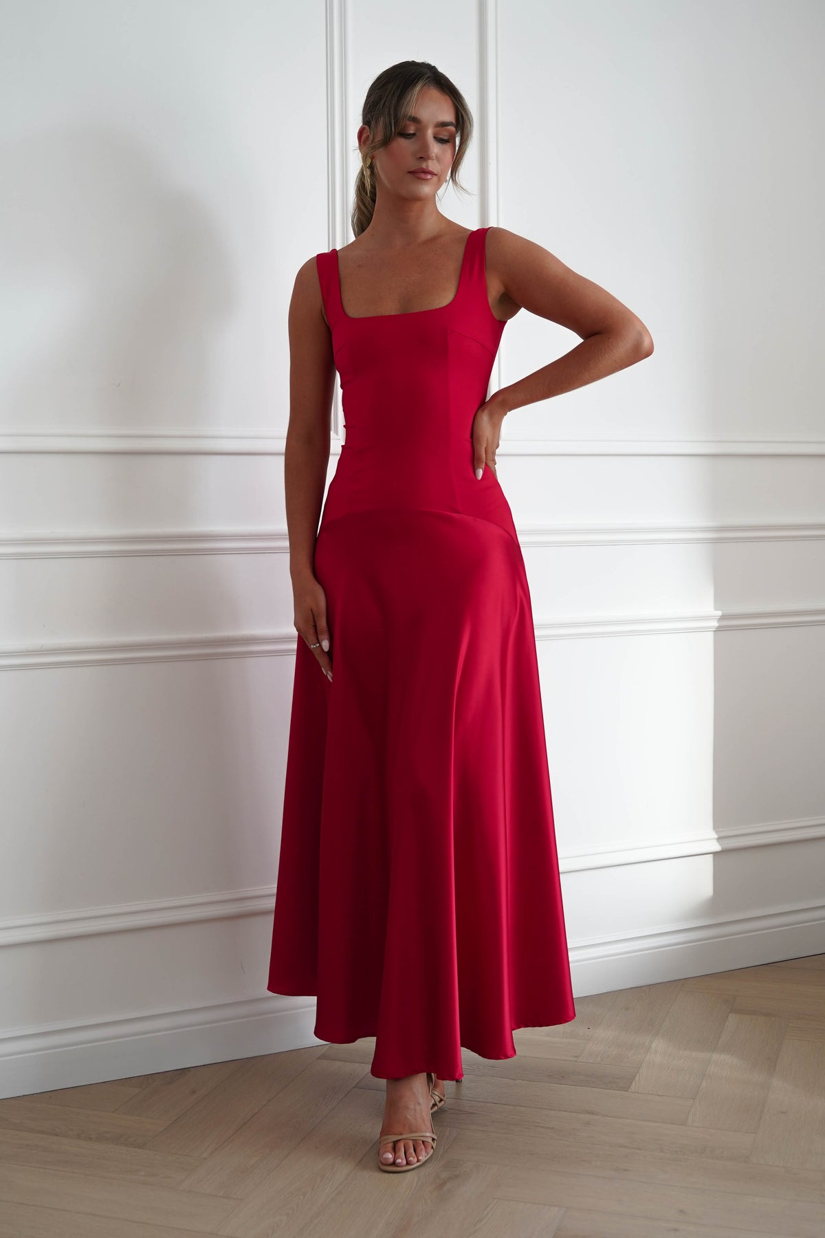 Oh Hello Clothing Dresses > Prom Dresses Elena Square Neck Soft Satin Maxi Dress | Red