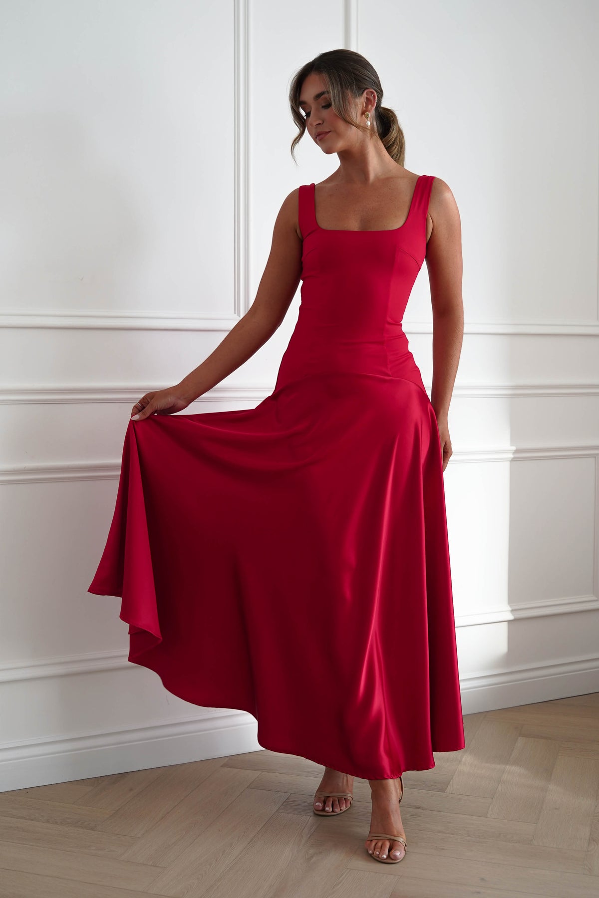 Oh Hello Clothing Dresses > Prom Dresses Elena Square Neck Soft Satin Maxi Dress | Red