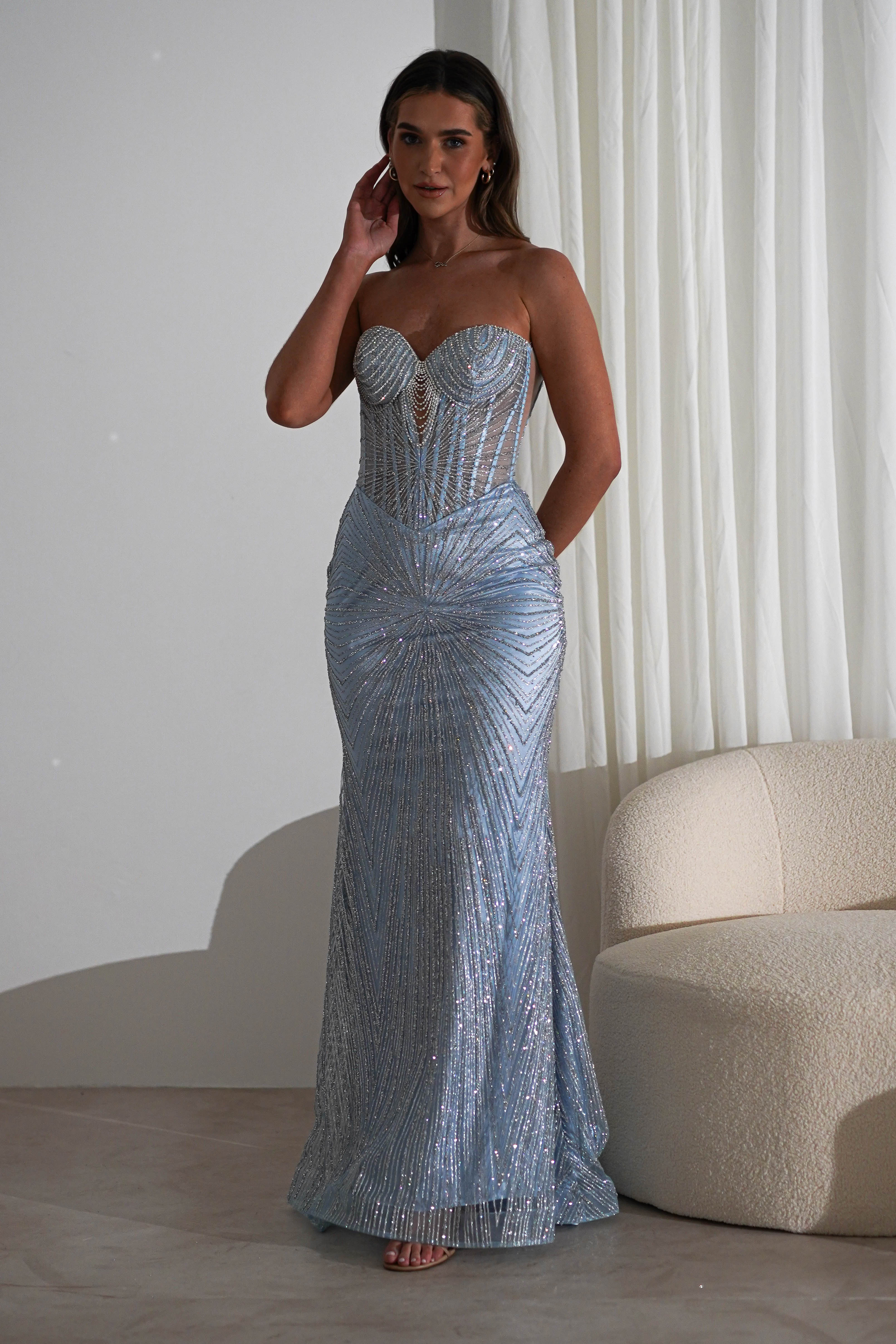 Elyse Glitter Strapless Gown | Light Blue/Silver | Debs & Prom | Formal Gown | Oh Hello Clothing