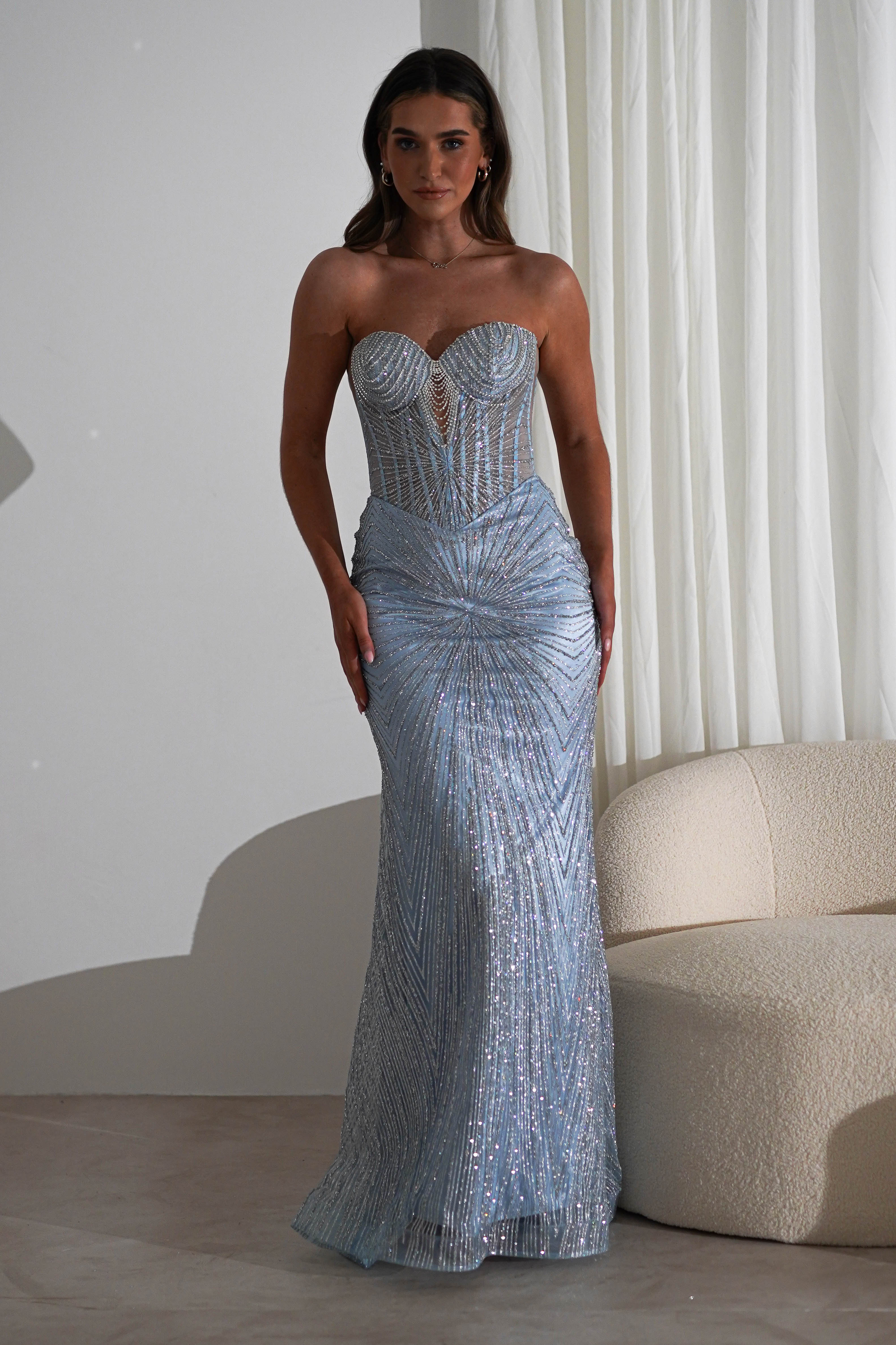 Elyse Glitter Strapless Gown | Light Blue/Silver | Debs & Prom | Formal Gown | Oh Hello Clothing