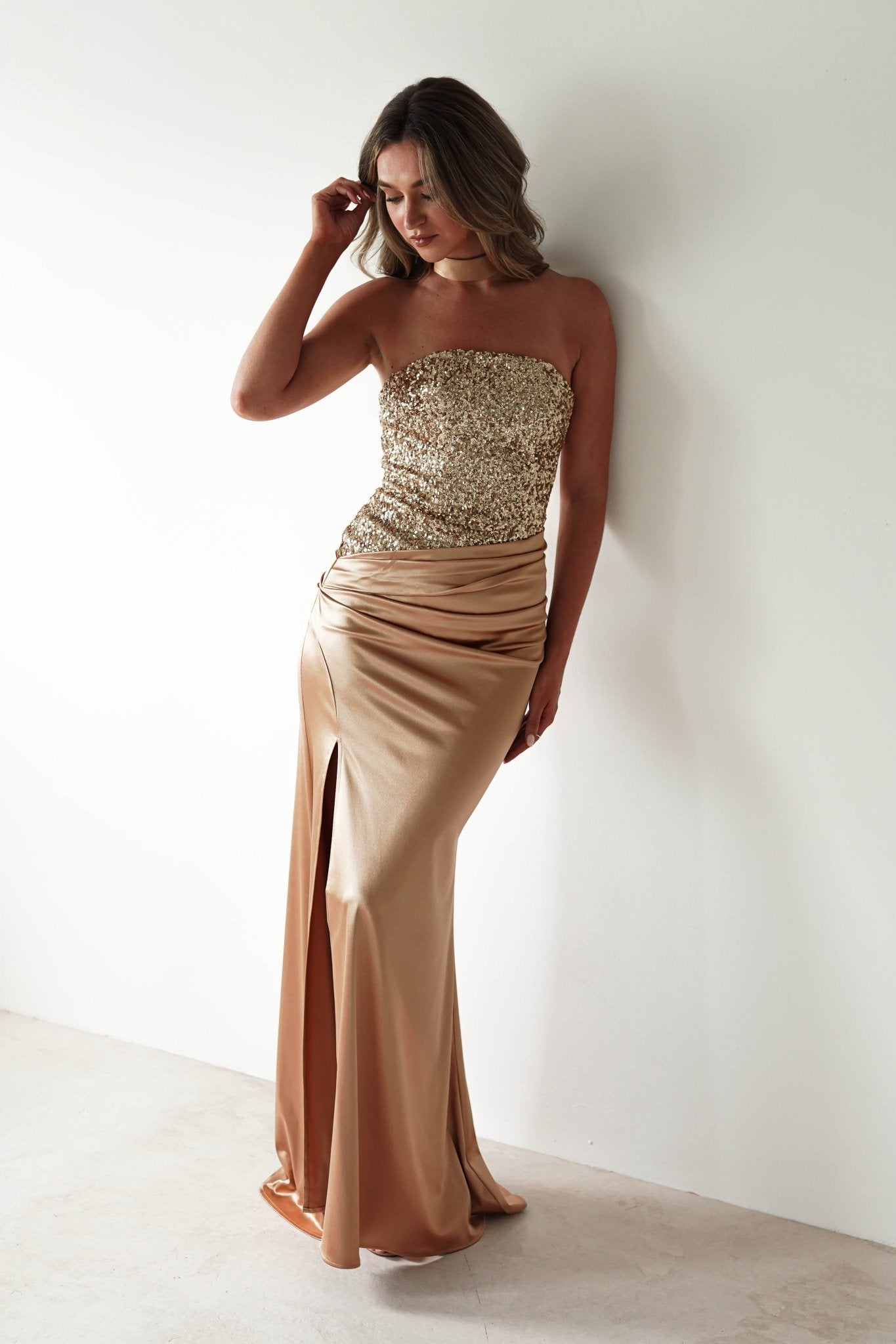 Elysia Sequin Embellished Bodice Gown | Gold | Debs & Prom | Formal Gown | Oh Hello Clothing
