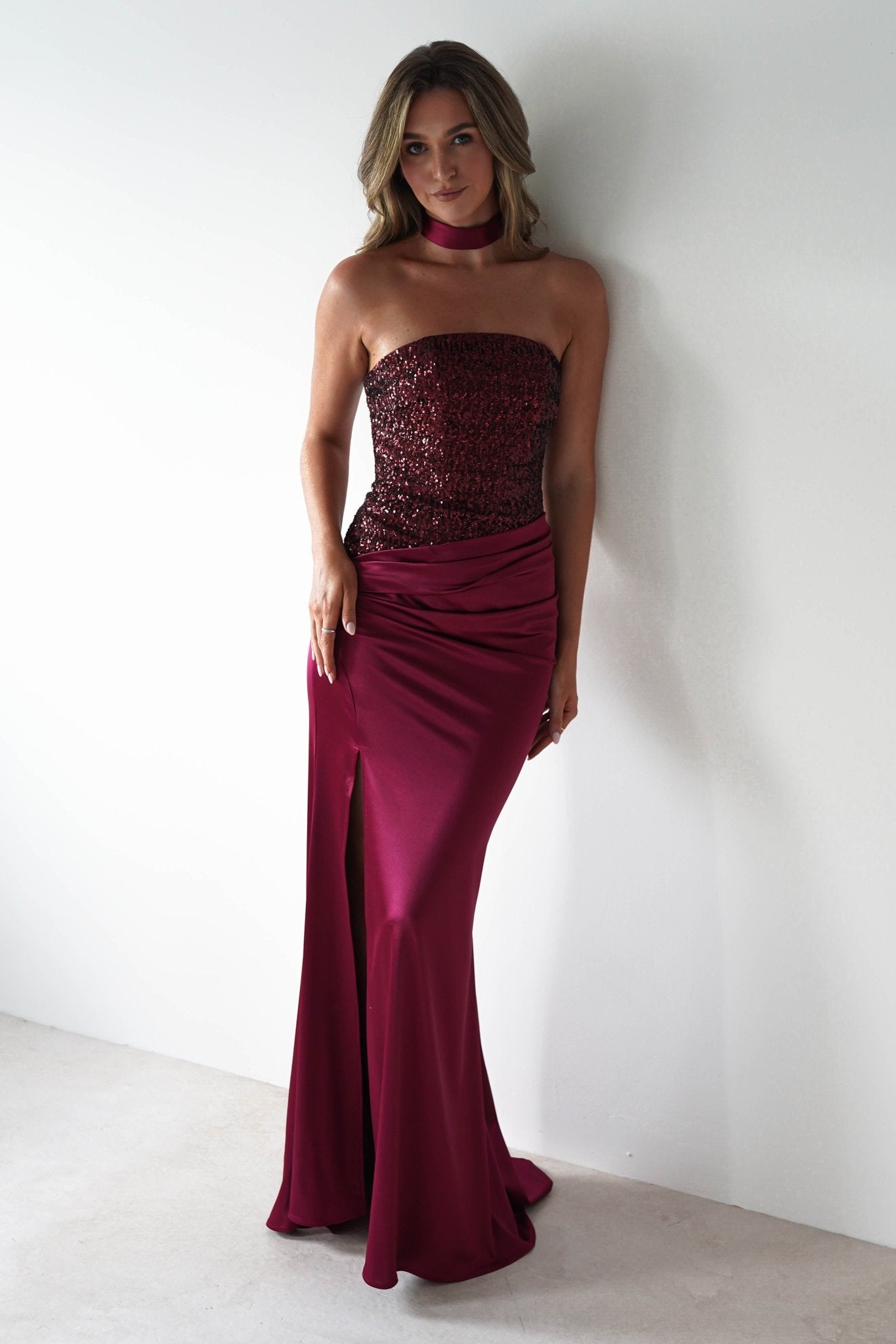 Elysia Sequin Embellished Bodice Gown | Wine | Debs & Prom | Formal Gown | Oh Hello Clothing
