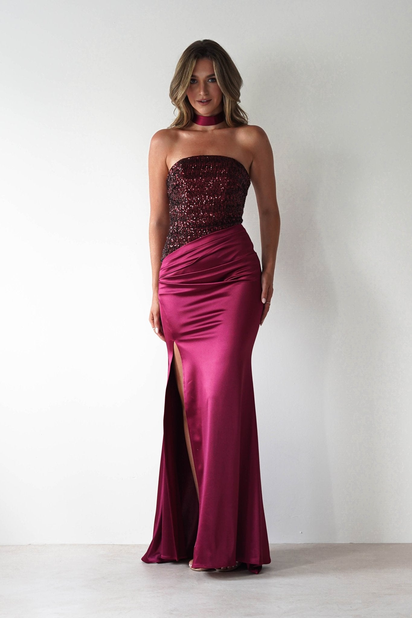 Elysia Sequin Embellished Bodice Gown | Wine | Debs & Prom | Formal Gown | Oh Hello Clothing