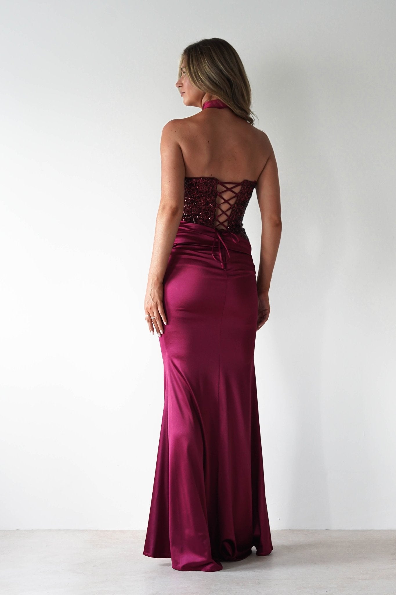 Elysia Sequin Embellished Bodice Gown | Wine | Debs & Prom | Formal Gown | Oh Hello Clothing