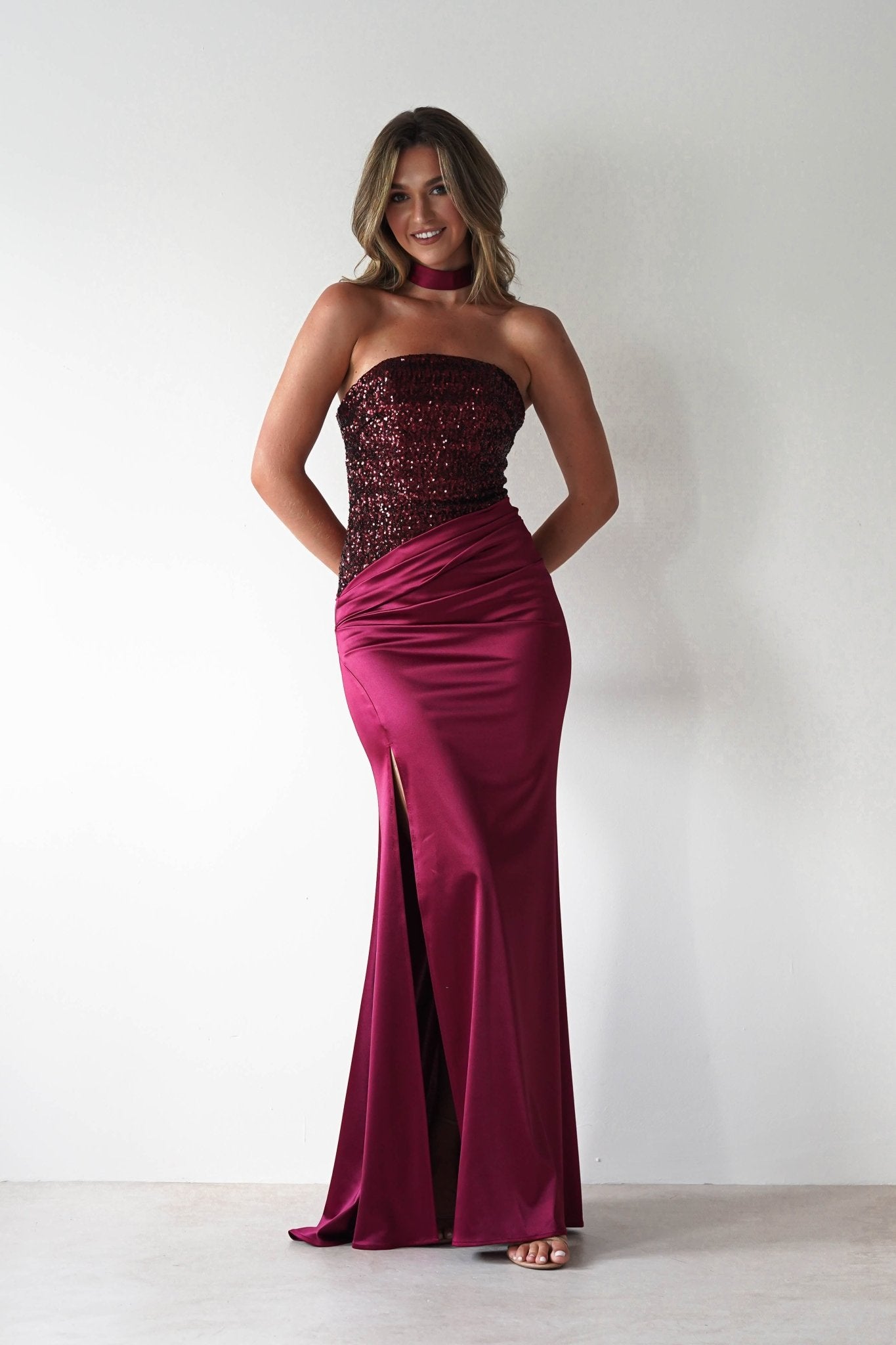 Elysia Sequin Embellished Bodice Gown | Wine | Debs & Prom | Formal Gown | Oh Hello Clothing