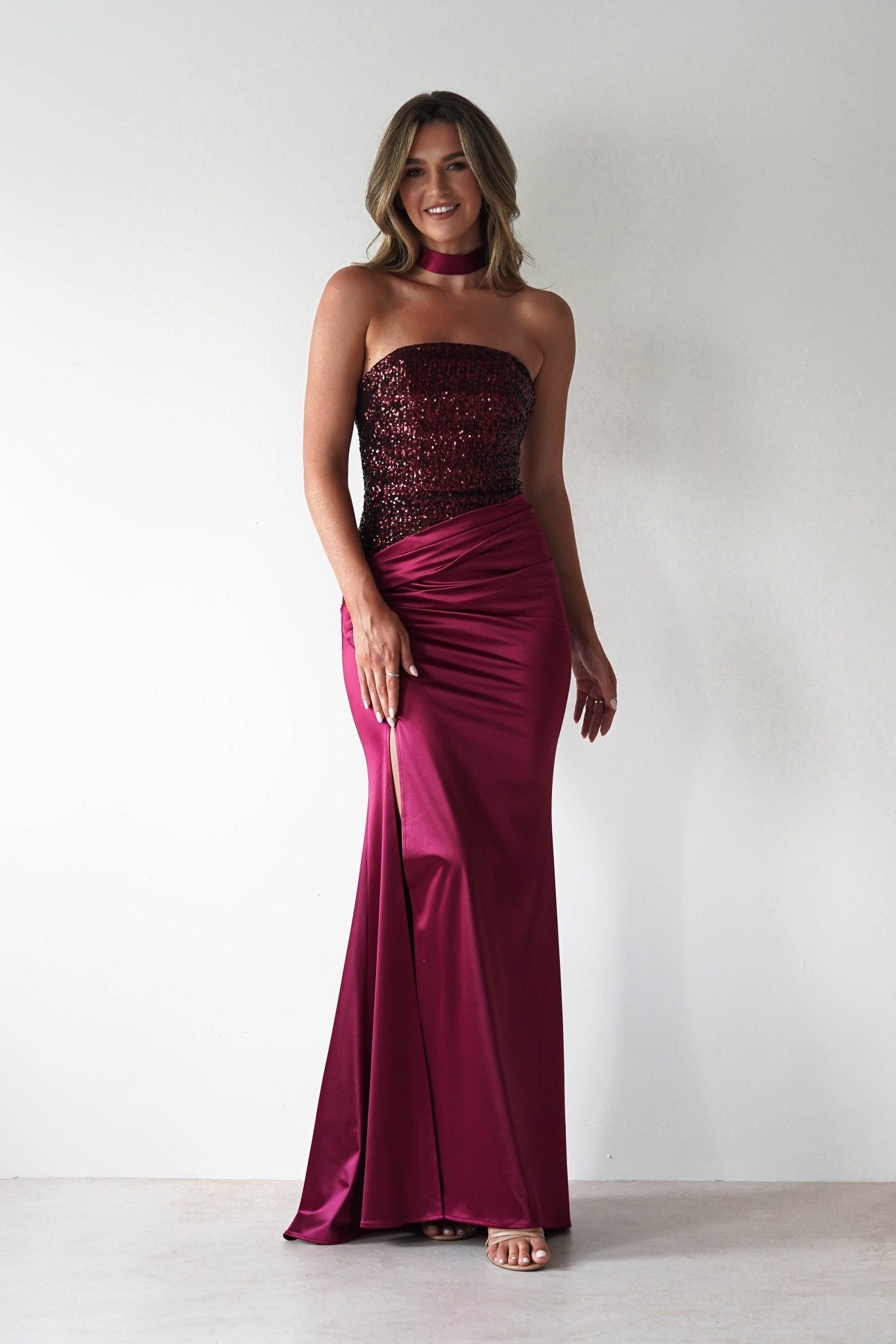 Elysia Sequin Embellished Bodice Gown | Wine | Debs & Prom | Formal Gown | Oh Hello Clothing