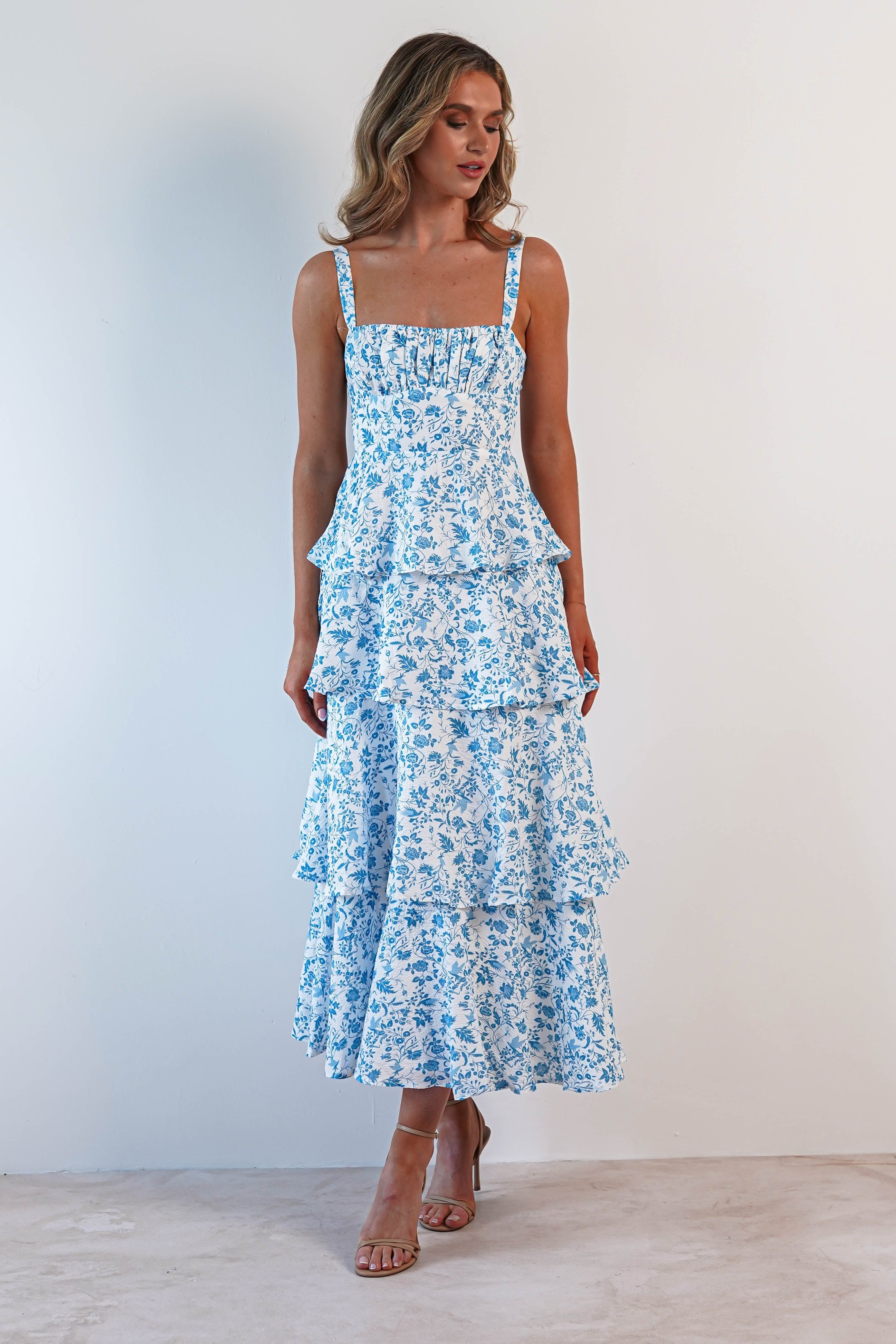 Emily Floral Ruffle Maxi Dress Blue/White | Wedding Guest Dress | Maxi | Oh Hello Clothing