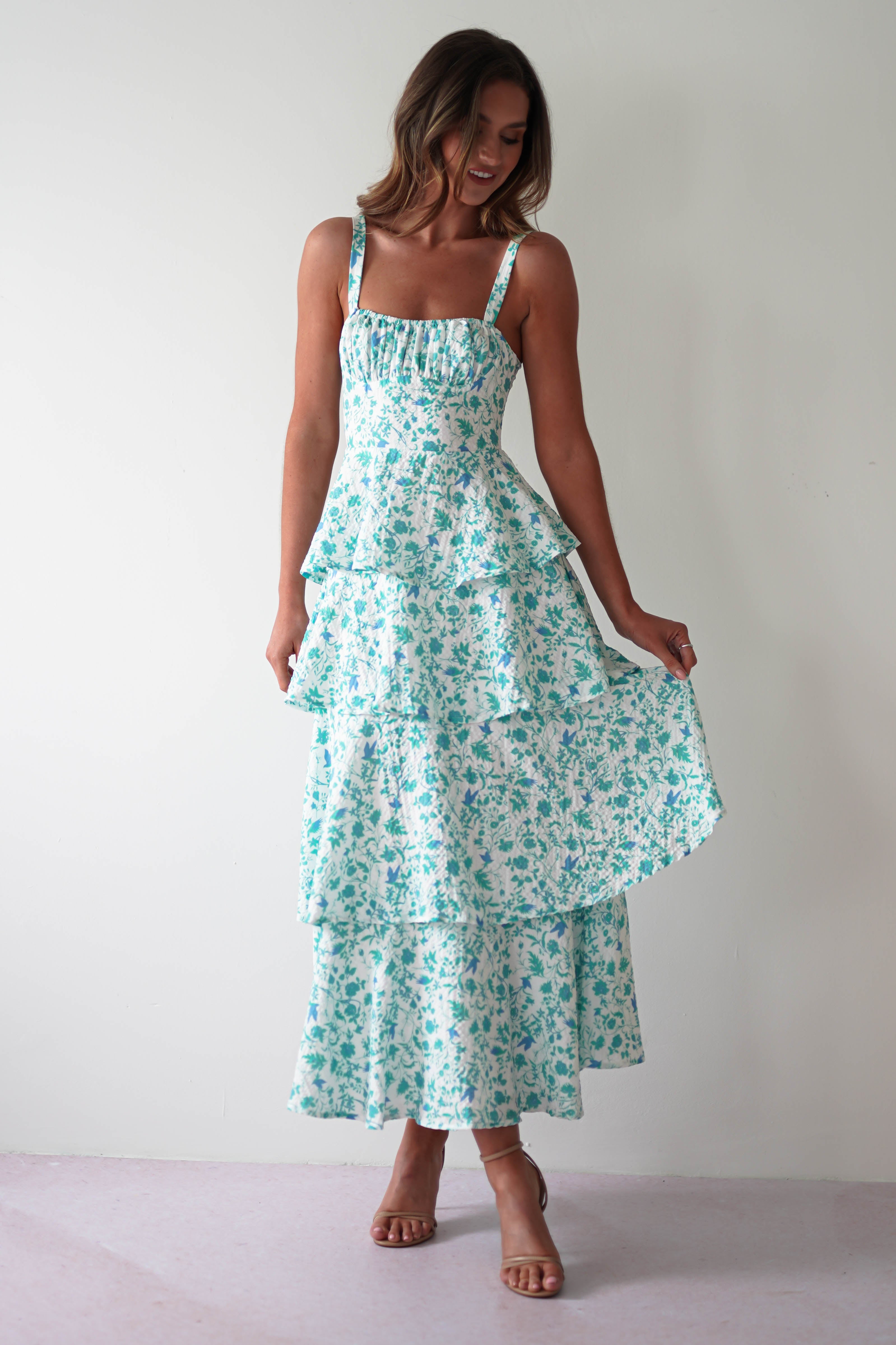 Emily Floral Ruffle Maxi Dress Green/White | Wedding Guest Dress | Maxi | Oh Hello Clothing