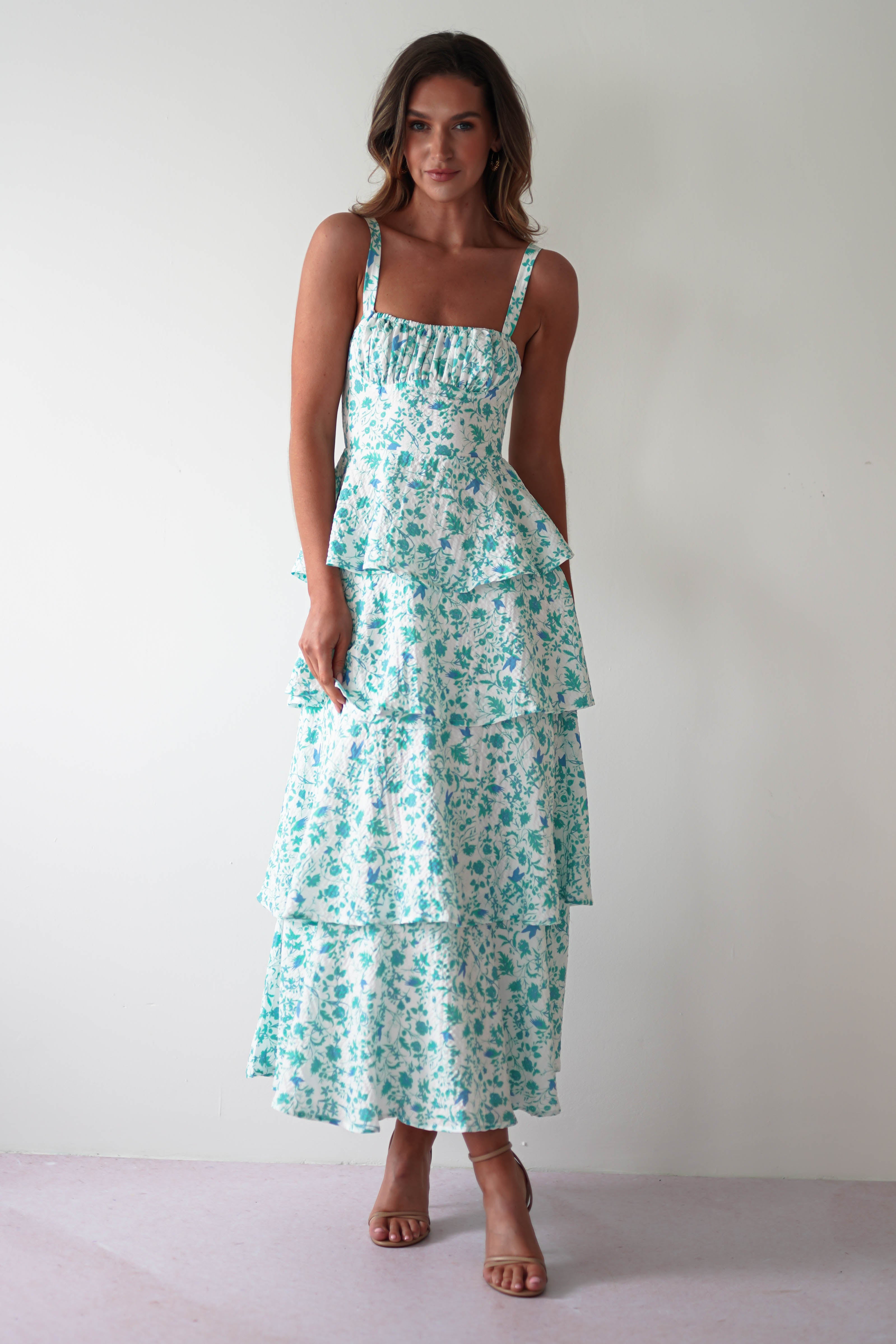 Emily Floral Ruffle Maxi Dress Green/White | Wedding Guest Dress | Maxi | Oh Hello Clothing