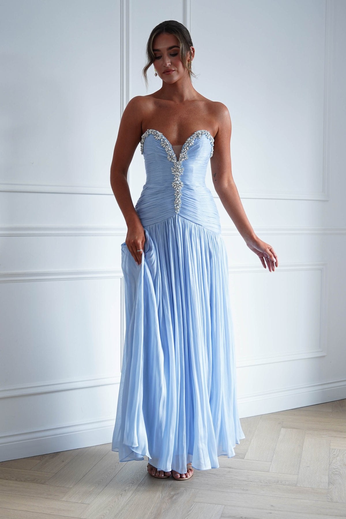 Oh Hello Clothing Dresses > Prom Dresses Estella Diamante Trim Ruched Maxi Gown | Blue