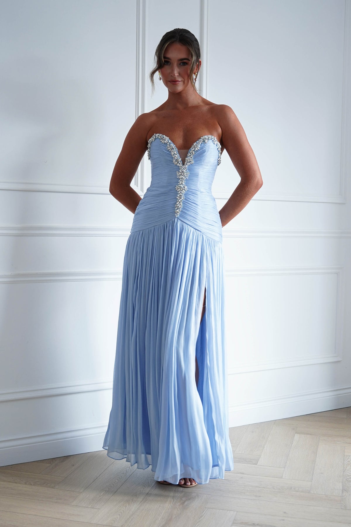 Oh Hello Clothing Dresses > Prom Dresses Estella Diamante Trim Ruched Maxi Gown | Blue