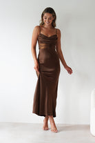 Everleigh Soft Satin Midaxi Dress Brown | Wedding Guest Dress | Satin | Oh Hello Clothing