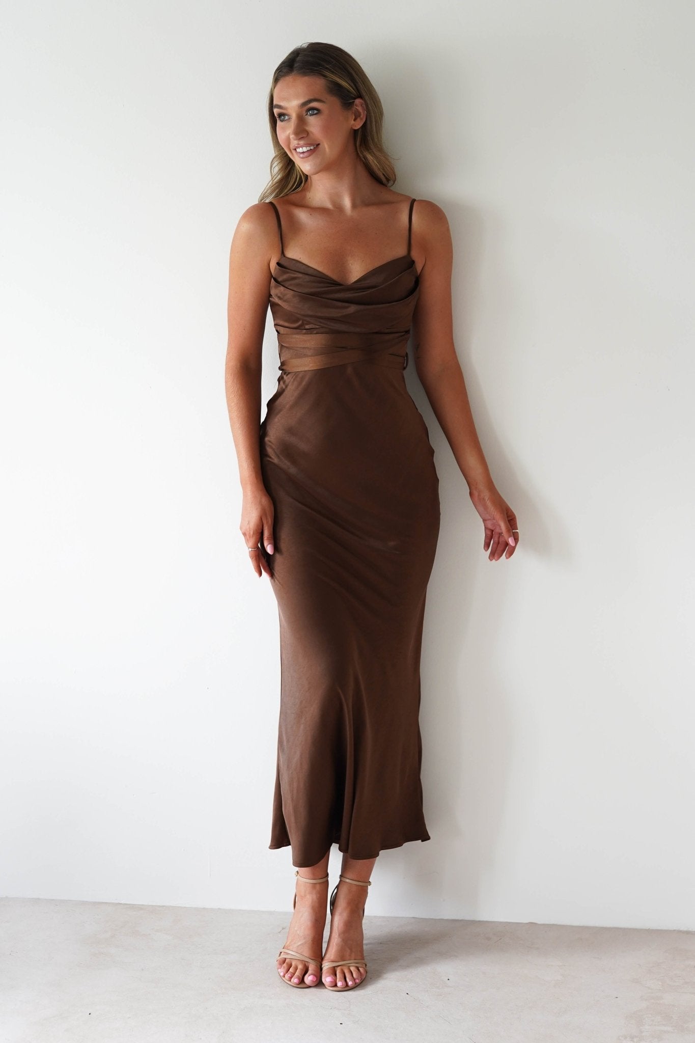 Everleigh Soft Satin Midaxi Dress Brown | Wedding Guest Dress | Satin | Oh Hello Clothing