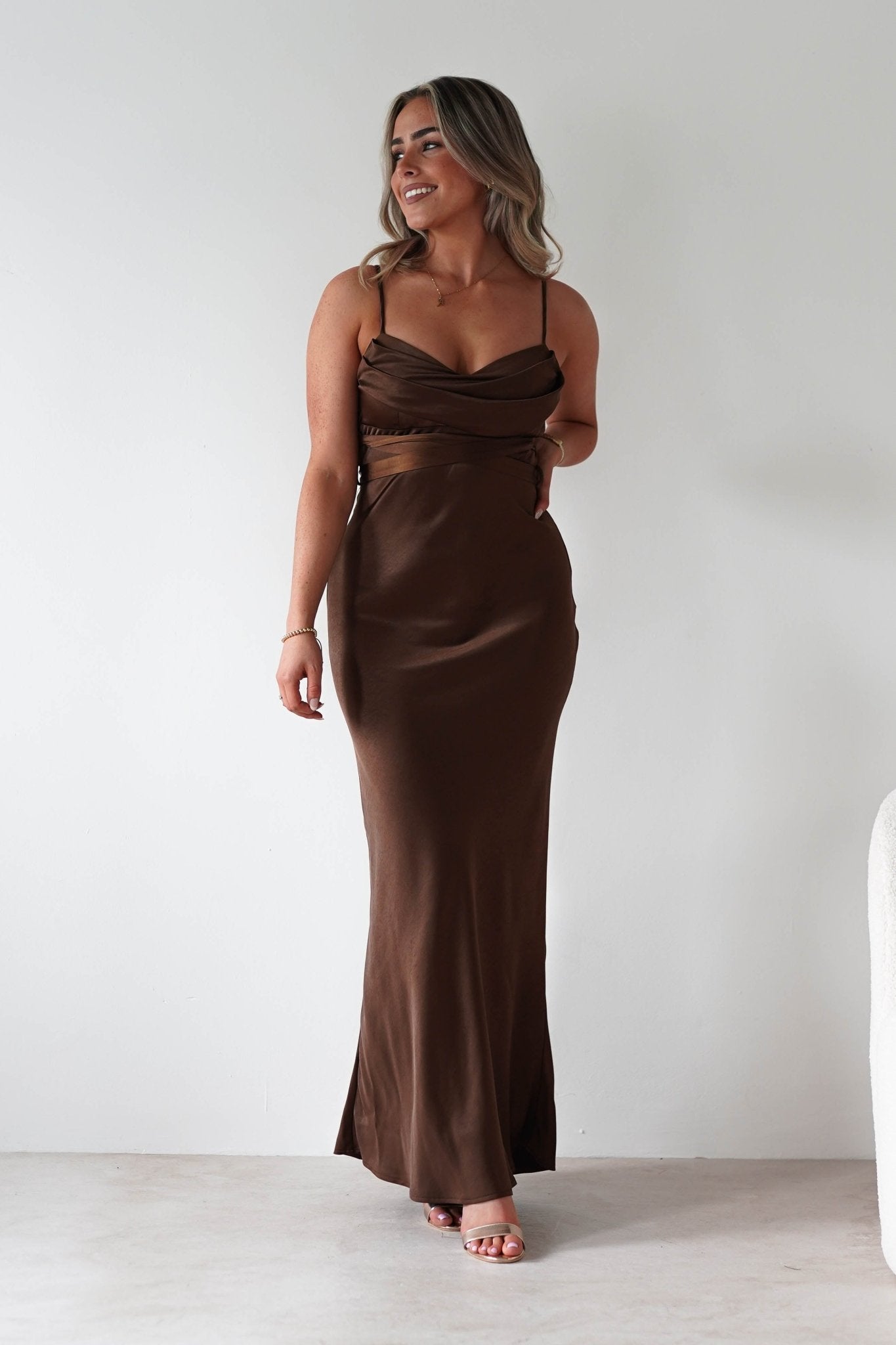 Everleigh Soft Satin Midaxi Dress Brown | Wedding Guest Dress | Satin | Oh Hello Clothing