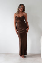 Everleigh Soft Satin Midaxi Dress Brown | Wedding Guest Dress | Satin | Oh Hello Clothing