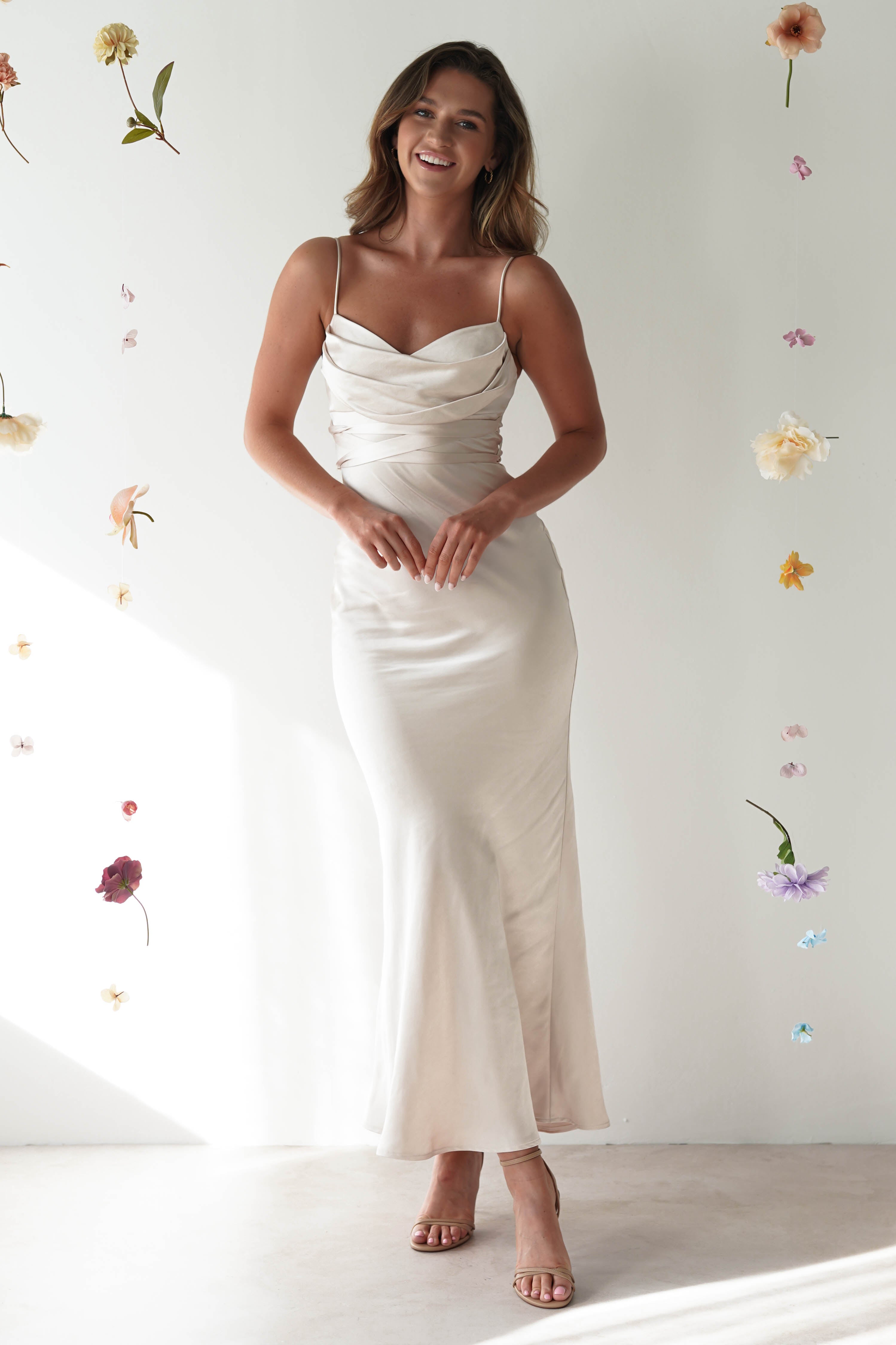 Everleigh Soft Satin Midi Dress | Champagne | Graduation | Bride To Be Hen Dress | Oh Hello Clothing