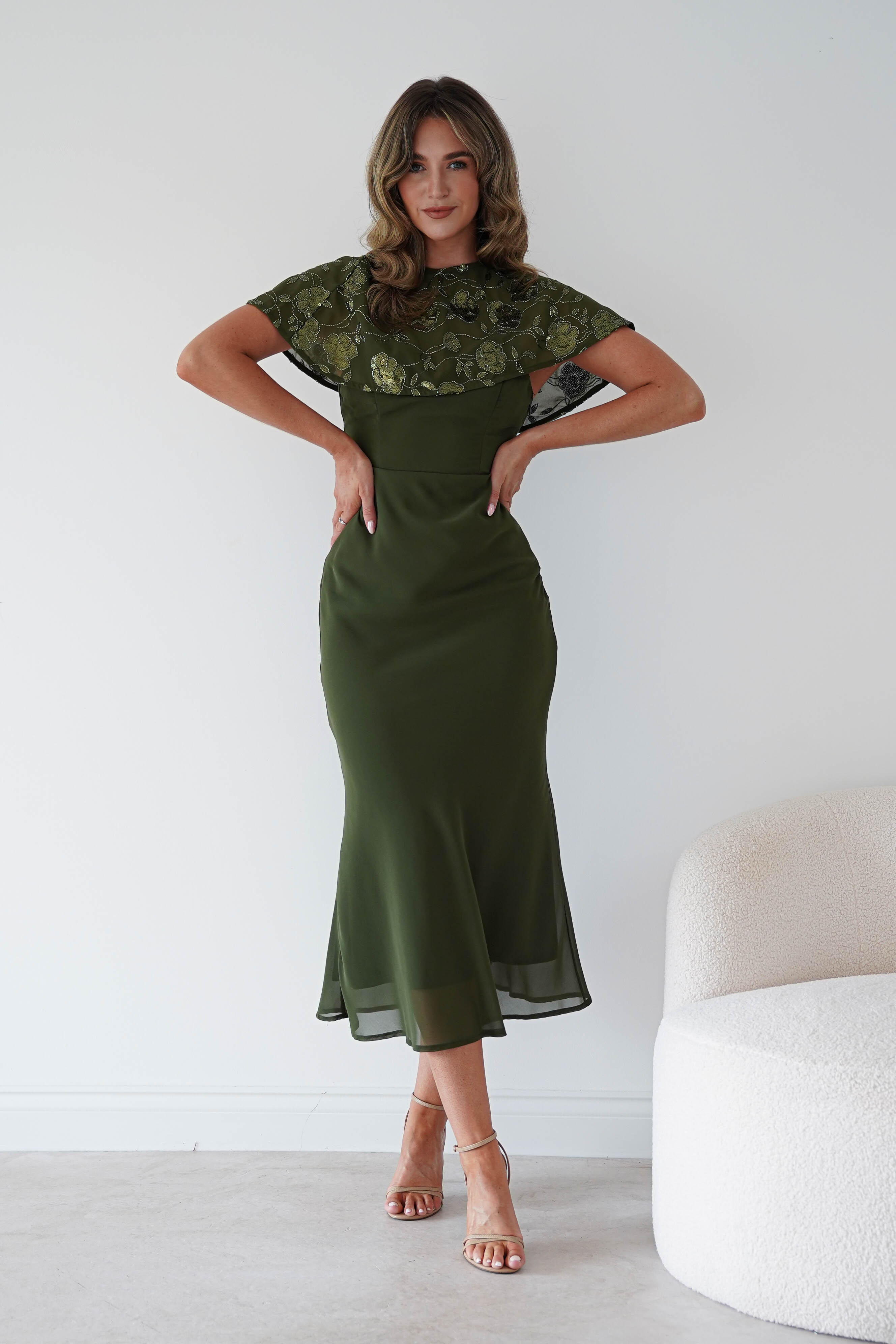 Oh Hello Clothing Women > Clothing > Dresses Fatima Sequin Cape Maxi Dress | Olive